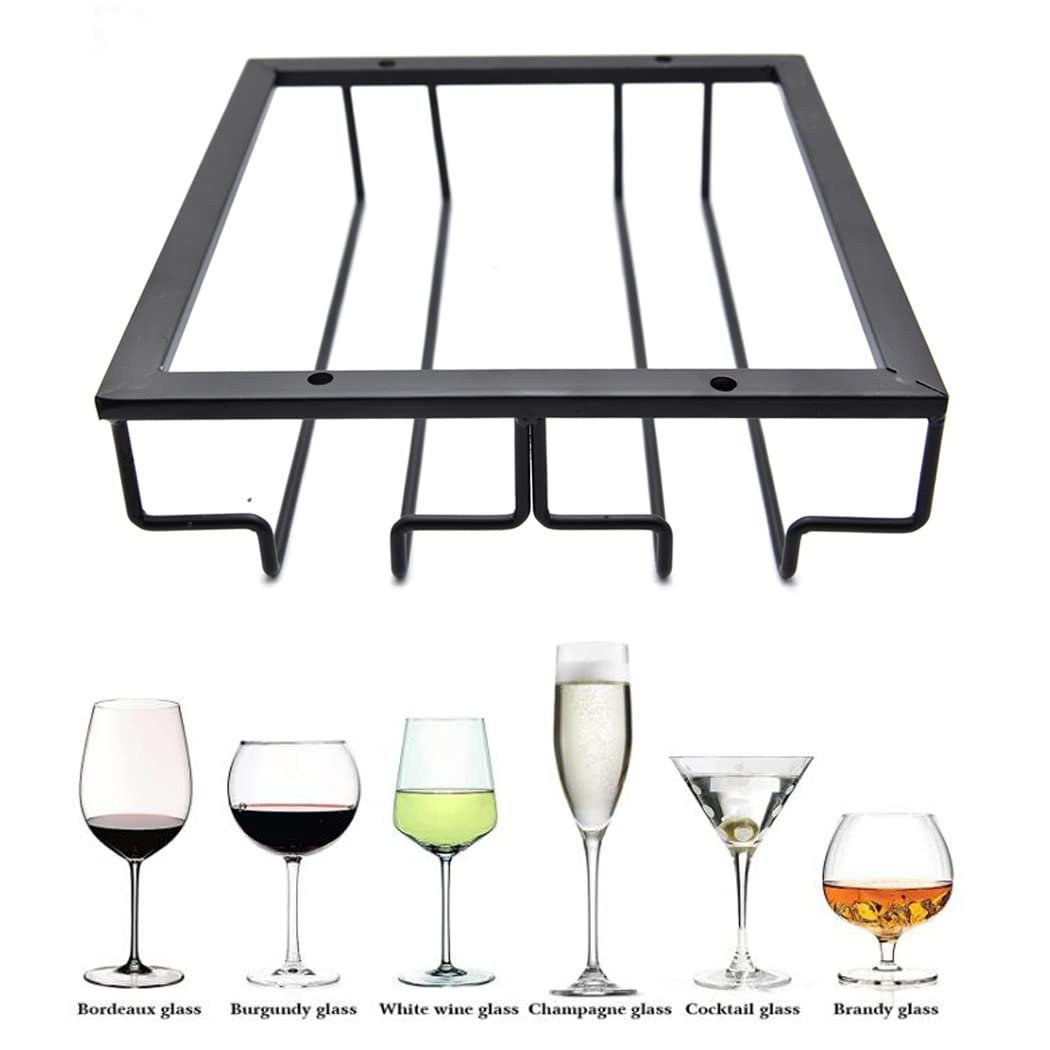 Premium Wrought Iron Under Cabinet Wine Glass Holder - 2 Rows Black Hanging Goblet Rack for Kitchen & Bar Storage | Space-Saving Upside Down Wine Glass Organizer for Home, Restaurant, and Party Use