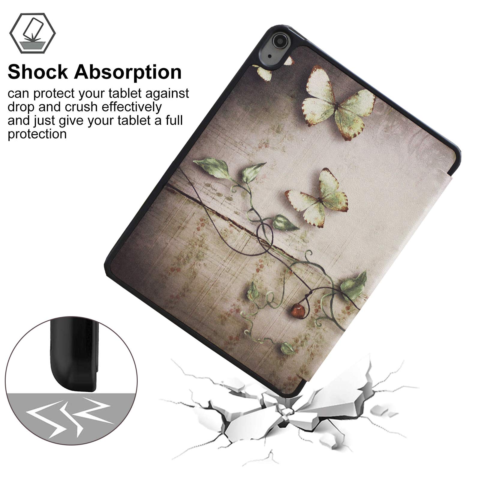 Shockproof Trifold Stand Smart Case for iPad Air 5th Gen 2022 & Air 4th Gen 2020 (10.9 inch) - Protective Cover for Models A2588 A2589 A2591 A2316 A2324 A2072 | Butterfly Flower Design | Perfect for Work, Study & Travel