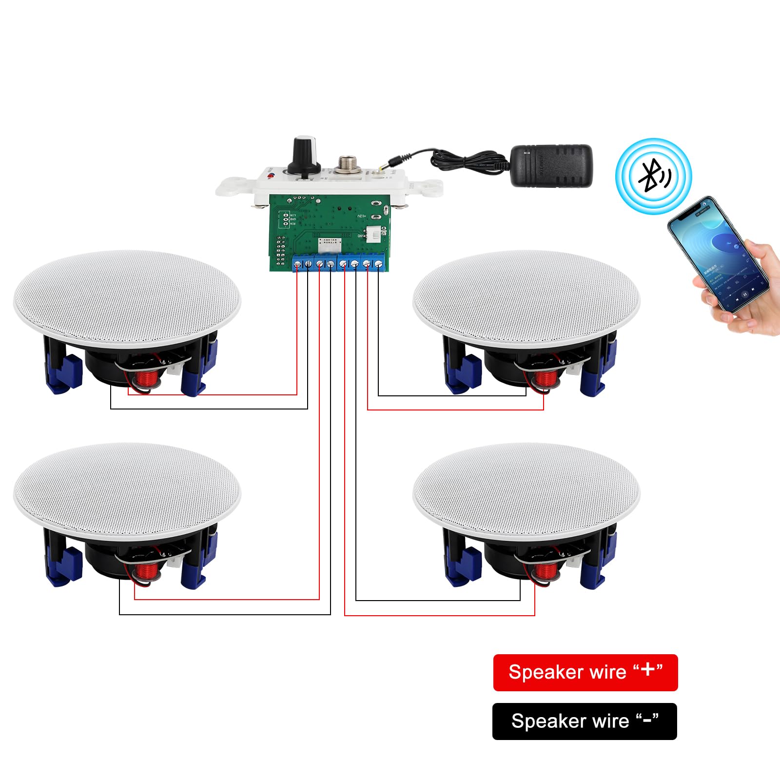 Herdio 4 Inch 2-Way Bluetooth Ceiling Speakers with 4 Channel Amplifier Receiver - Wireless/Wired Home Audio System for Home Theater, Living Room, Office & Outdoor Entertainment (Set of 4)