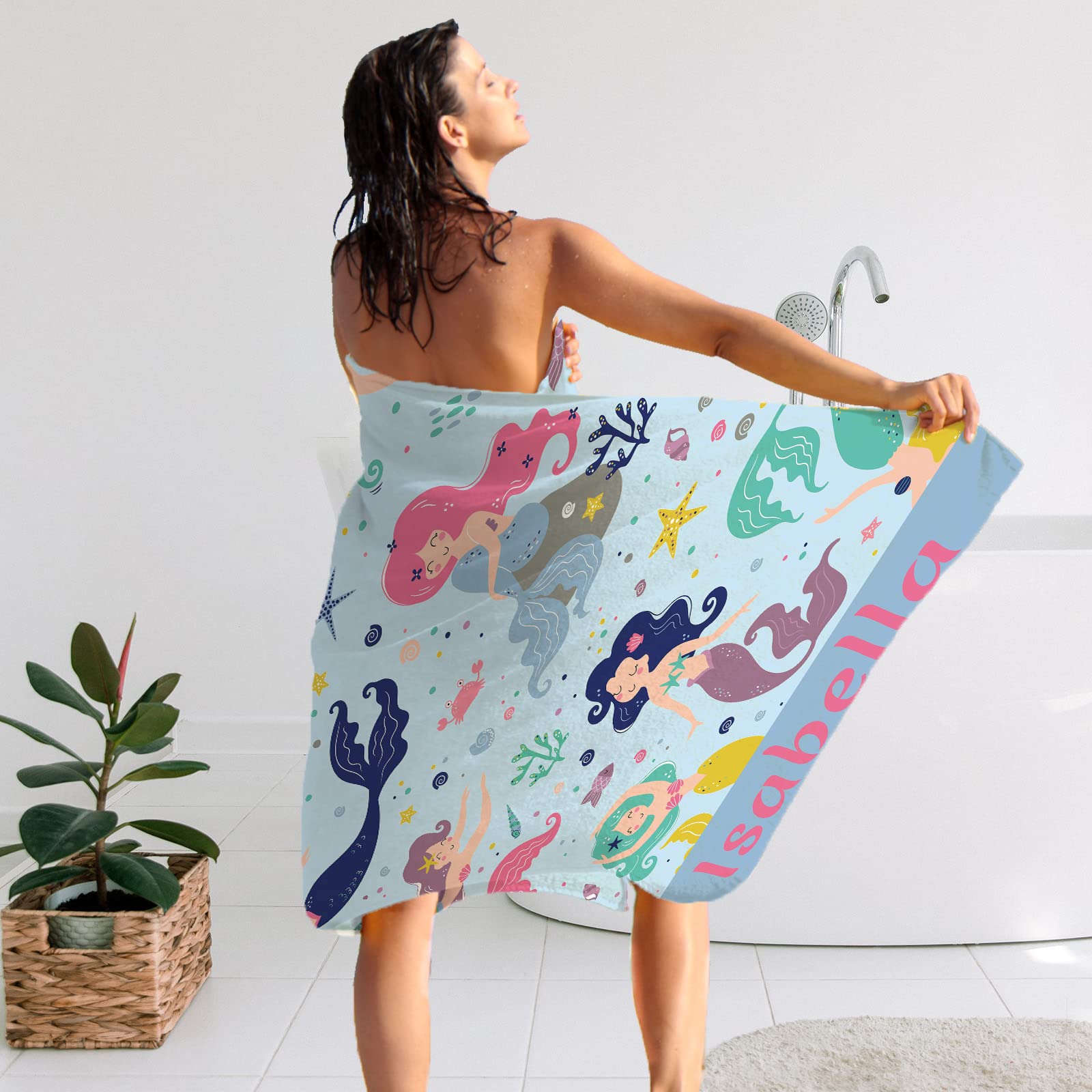 Personalized Monogrammed Bath Towel with Name - Custom Mermaid Design for Women, Kids & Adults | Quick Dry Microfiber Beach Towel for Swimming Pool, Camping & Spa | Oversized Luxury Bath Sheet