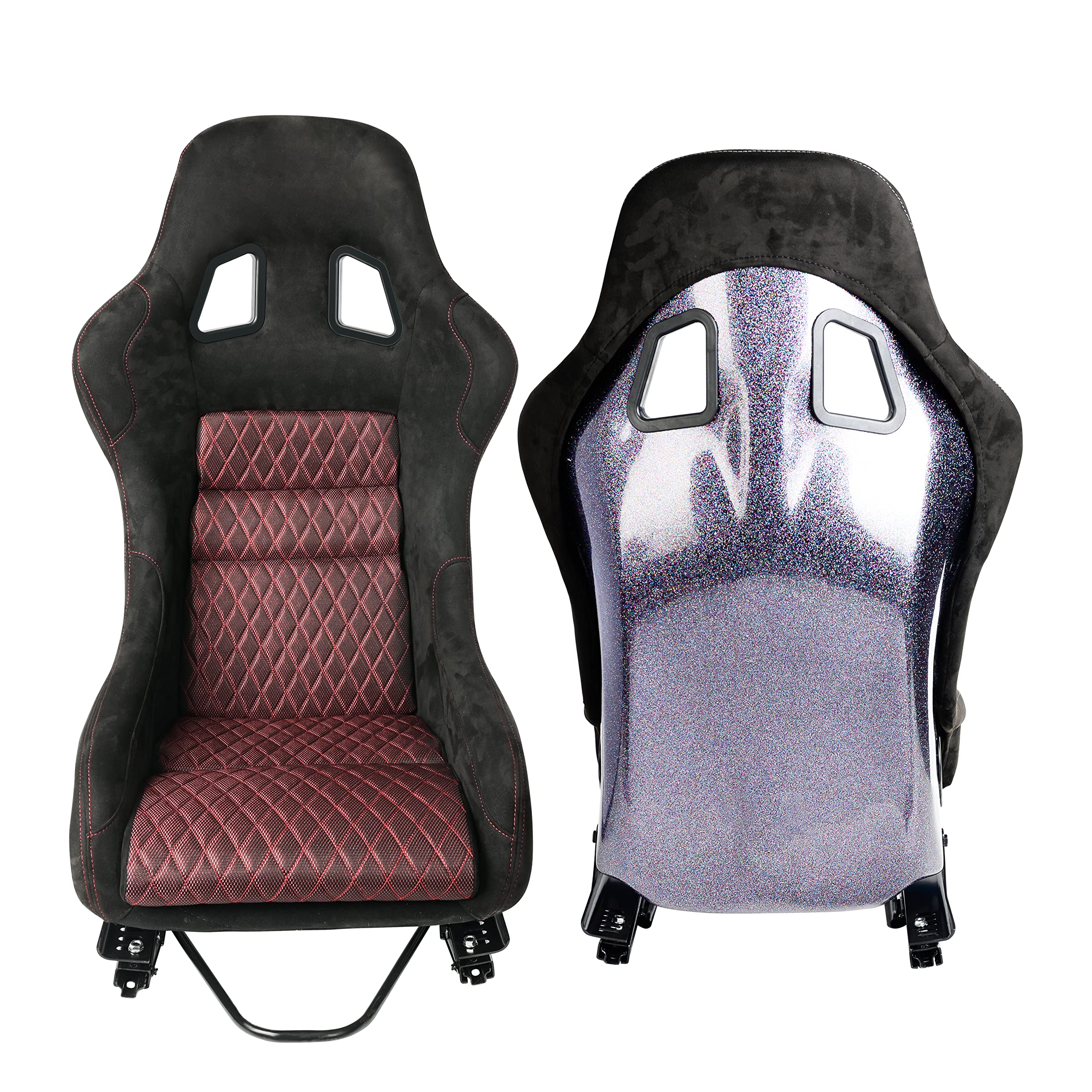 Universal Fiberglass Racing Bucket Seat - Size L, Silver Glitter Finish, Reinforced Fiberglass Back with Red Stitch Mesh Fabric & Dual Lock Slider | Perfect for Racing Simulators, Gaming Chairs, Drift Cars, Track Days & Street Performance Vehicles