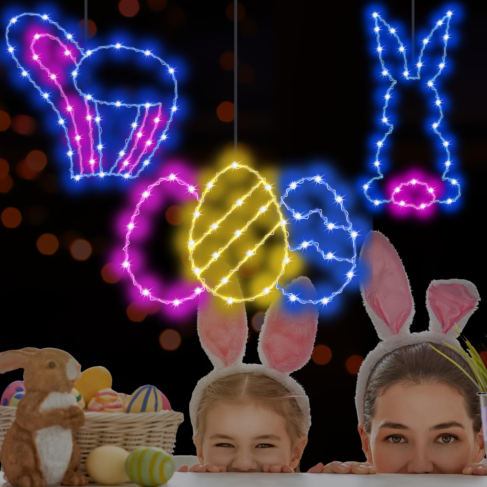 Easter Decorations Lights 3 Pack - Waterproof Indoor/Outdoor Easter Bunny Egg Window Lights with Timer & Remote Control, 8 Lighting Modes (Blue/Pink) - Perfect for Home, Garden, Party and Holiday Decorations