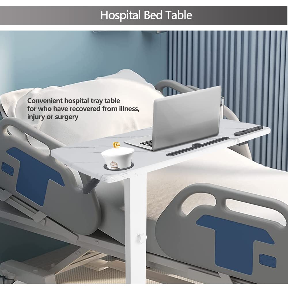 Adjustable Overbed Table with Wheels & USB Port - Hospital Bed Table, Pneumatic Height Adjustable for Home & Medical Use - Walnut & Marble White Finish - Perfect for Eating, Working, Reading in Bed or Recovery