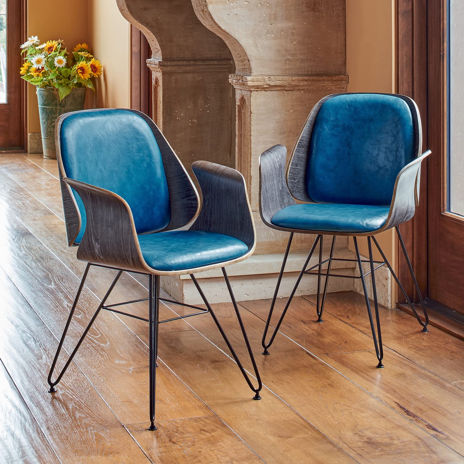 Modern Mid-Century Dining Chair Set of 2 - Walnut Wood Finish Armless Side Chairs for Kitchen, Dining Room, Living Room & Restaurant - Blue Velvet Upholstered Seating - Perfect for Home Decor, Small Spaces & Compact Dining Areas