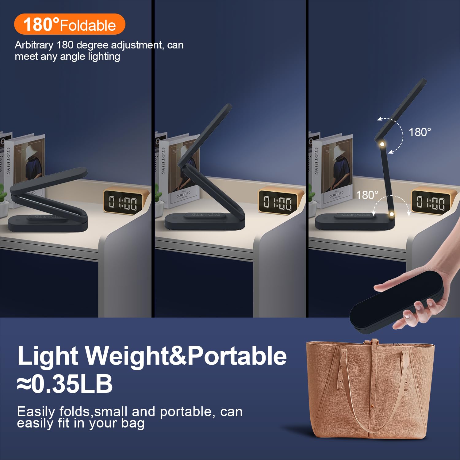 Rechargeable LED Desk Lamp with 3 Brightness Levels - Foldable & Portable Battery-Operated Light for Office, Home, Reading - Wireless Small Desk Light Strip (Black) | Perfect for Study, Work, Nightstand & Travel Use
