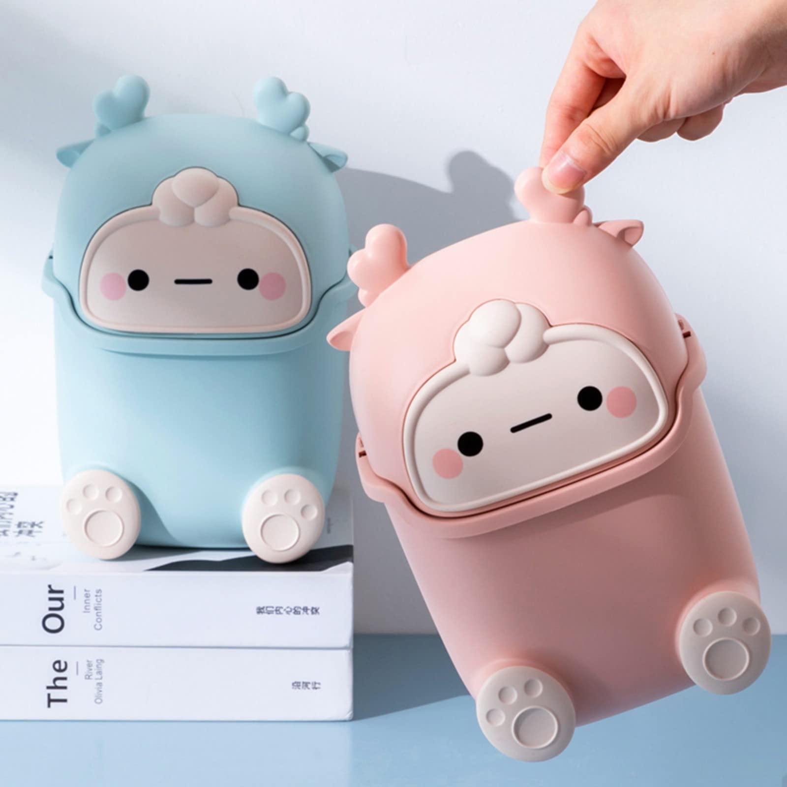 Ochine Mini Trash Can with Lid - Cute Cartoon Monster Deer Design Small Wastebasket for Desk, Countertop, Tabletop - Perfect for Home, Office, Bathroom, Kitchen & Bedroom Organization | Compact Garbage Bin for Workspaces, Vanities & Nightstands