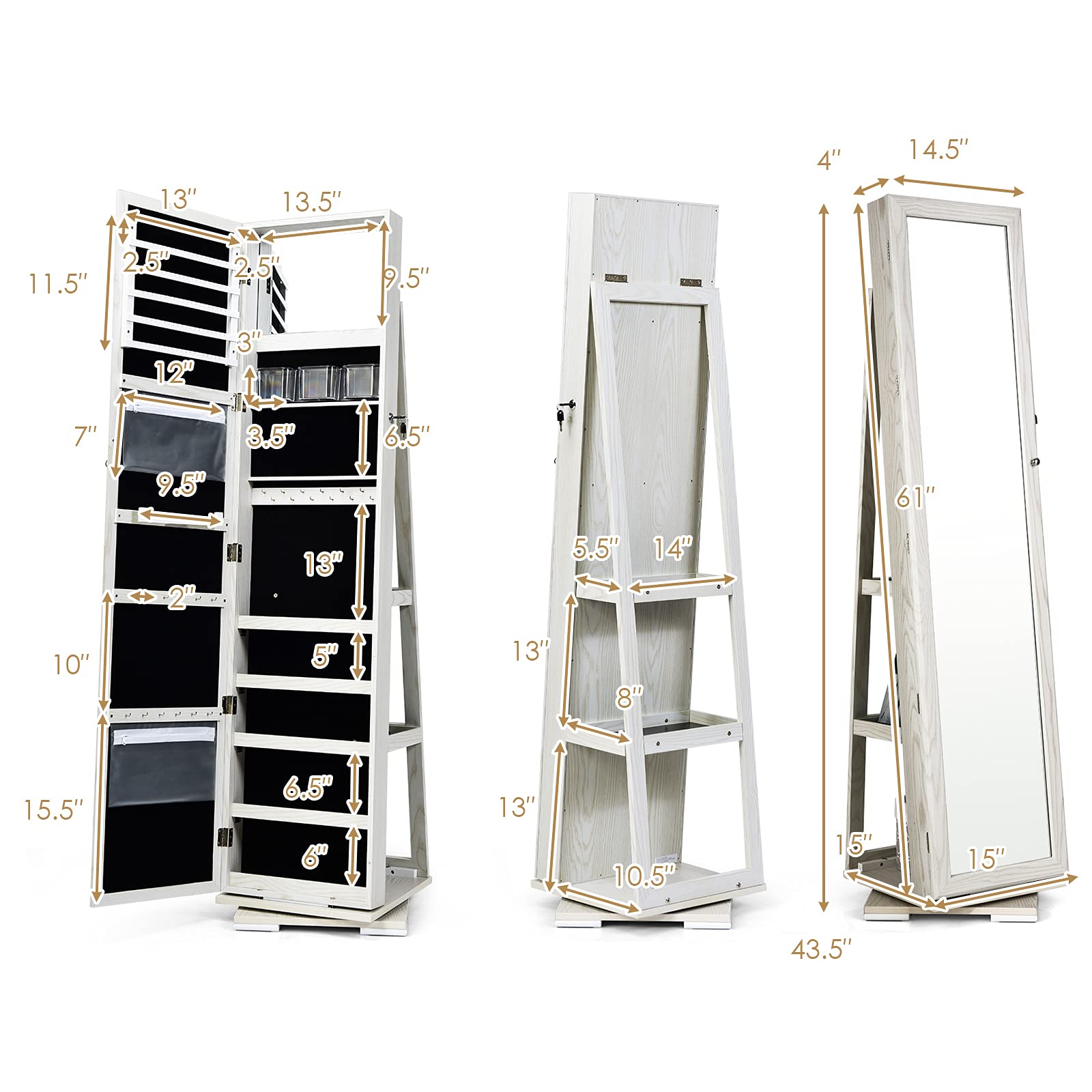 360° Rotating Jewelry Cabinet with Lock - Standing Jewelry Organizer with Full Length Mirror & Storage Shelves | Large Capacity Jewelry Armoire for Bedroom | Perfect for Closet Organization & Dressing Room Decor