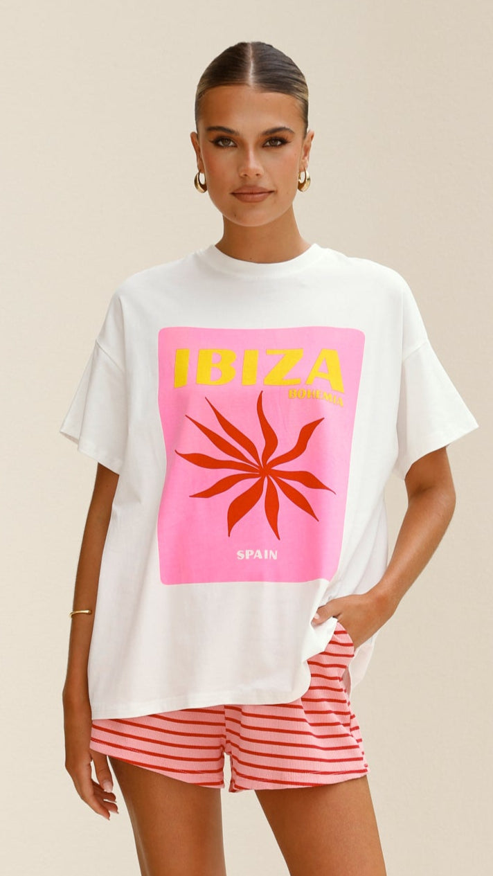 Ibiza Spain Women's Summer Outfit - Pink & Red Top and Shorts Set for Beach Vacation & Party Wear