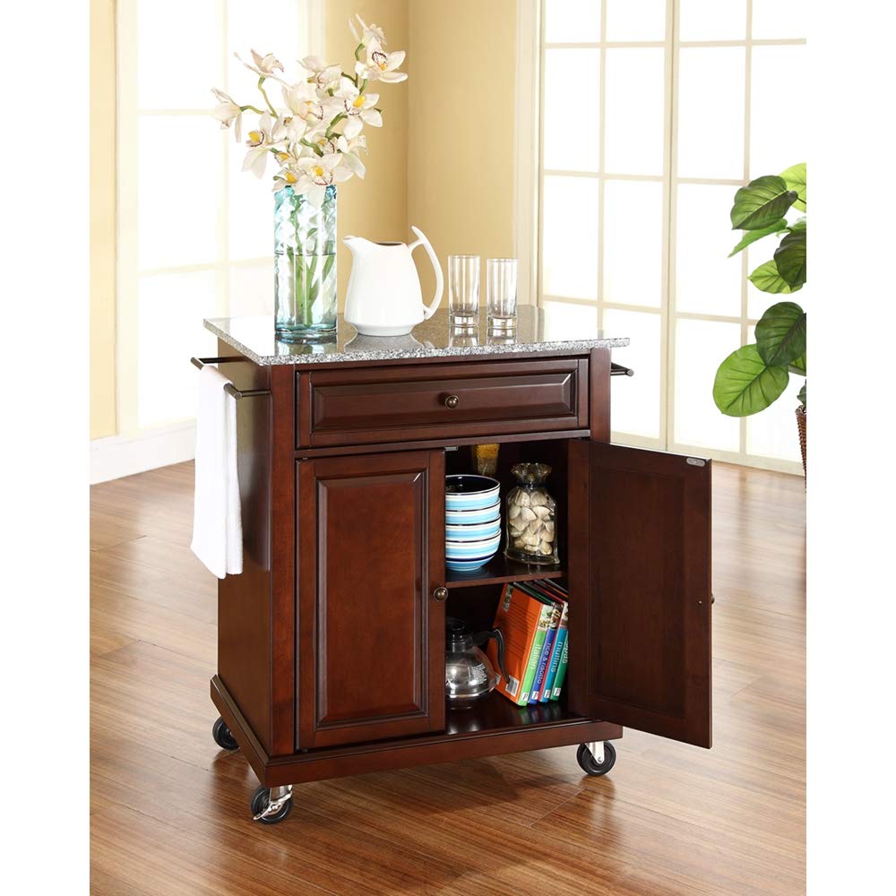 Crosley Compact Granite Top Rolling Cart with Shelves - Black Microwave Stand with Towel Rack for Kitchen, Bathroom, or Office Storage