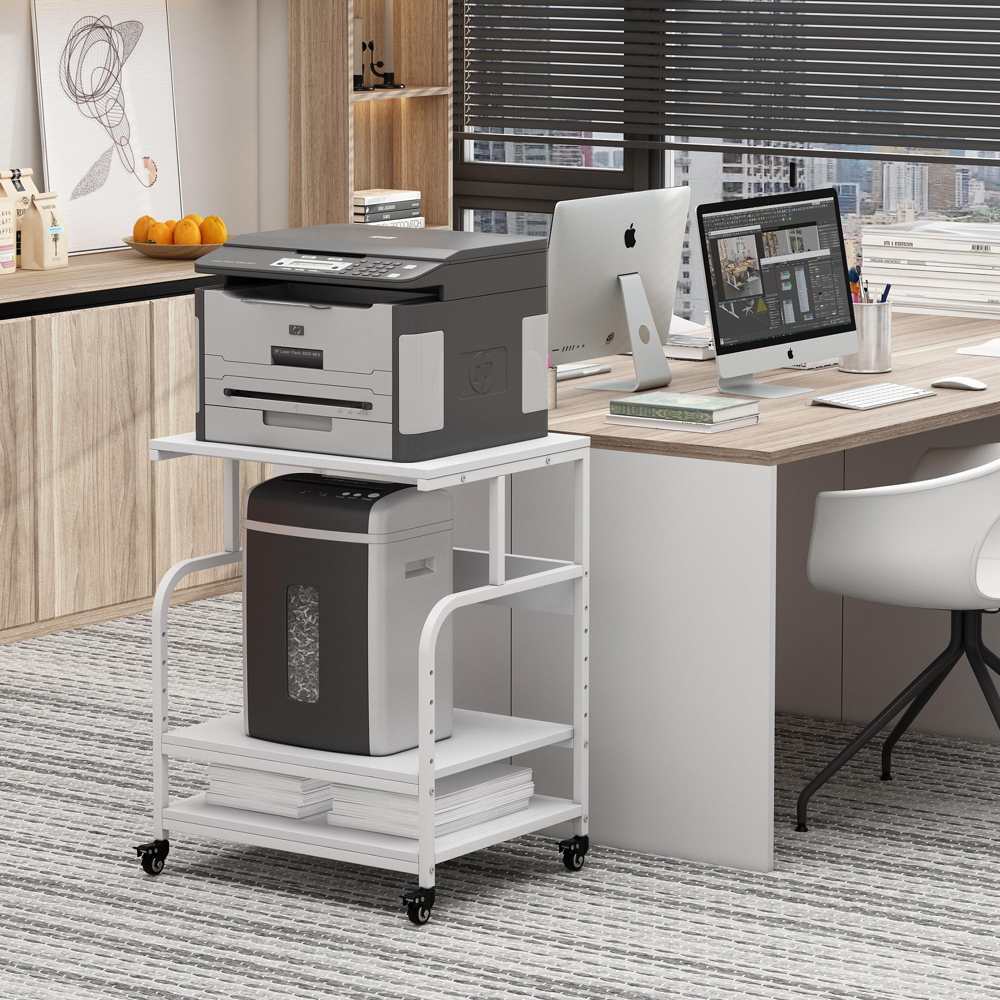 White Printer Stand 23.6x18.9x30 Inches - Adjustable 3-Tier Rolling Cart with Wheels for Home Office Storage | Heavy Duty Printer Table for HP, Epson, Canon Printers | Perfect for Small Spaces & Workspace Organization