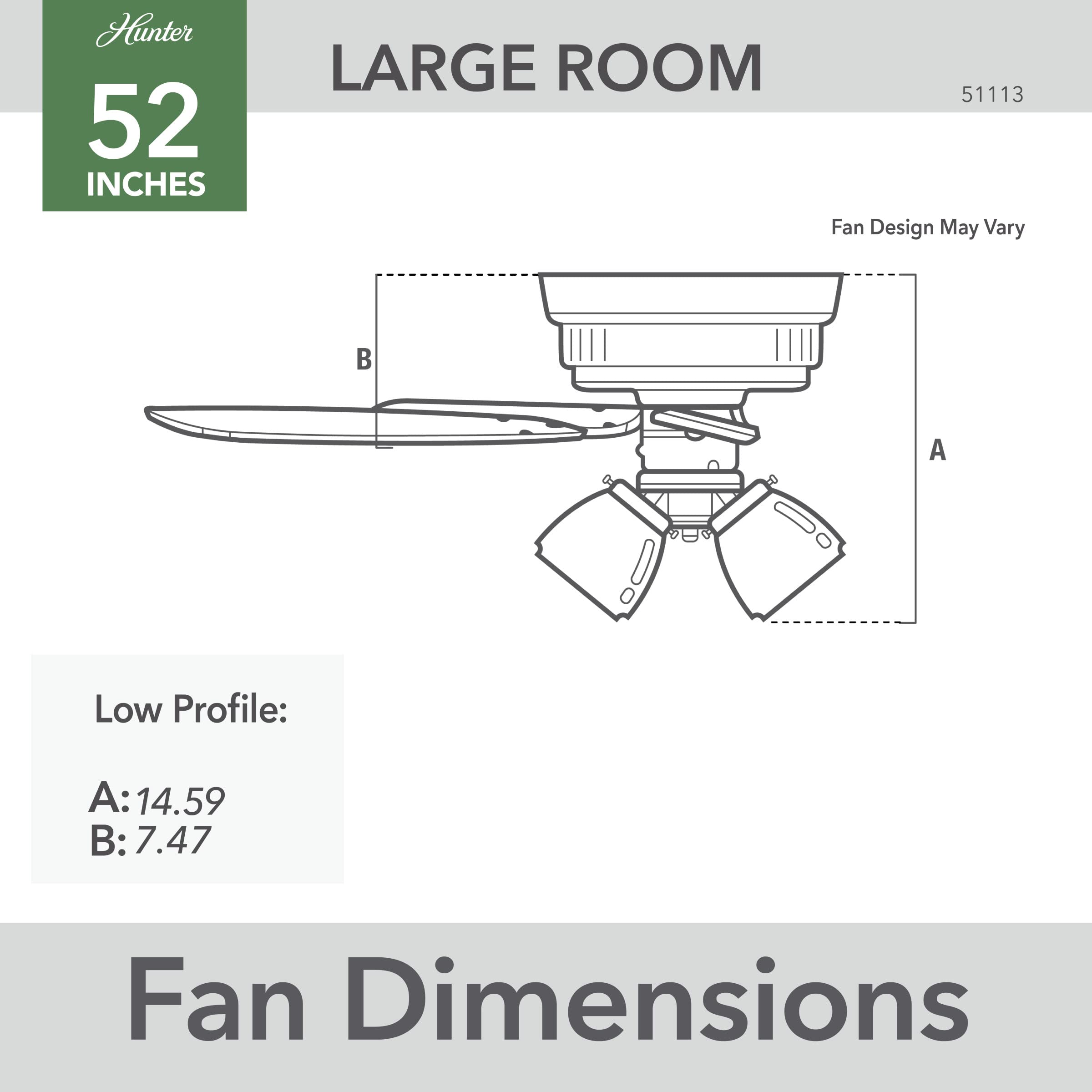 Hunter Fan Company 51113 52-Inch Low Profile Ceiling Fan with LED Light Kit - Matte Silver Finish - Pull Chain Control - Perfect for Bedrooms, Living Rooms & Home Offices