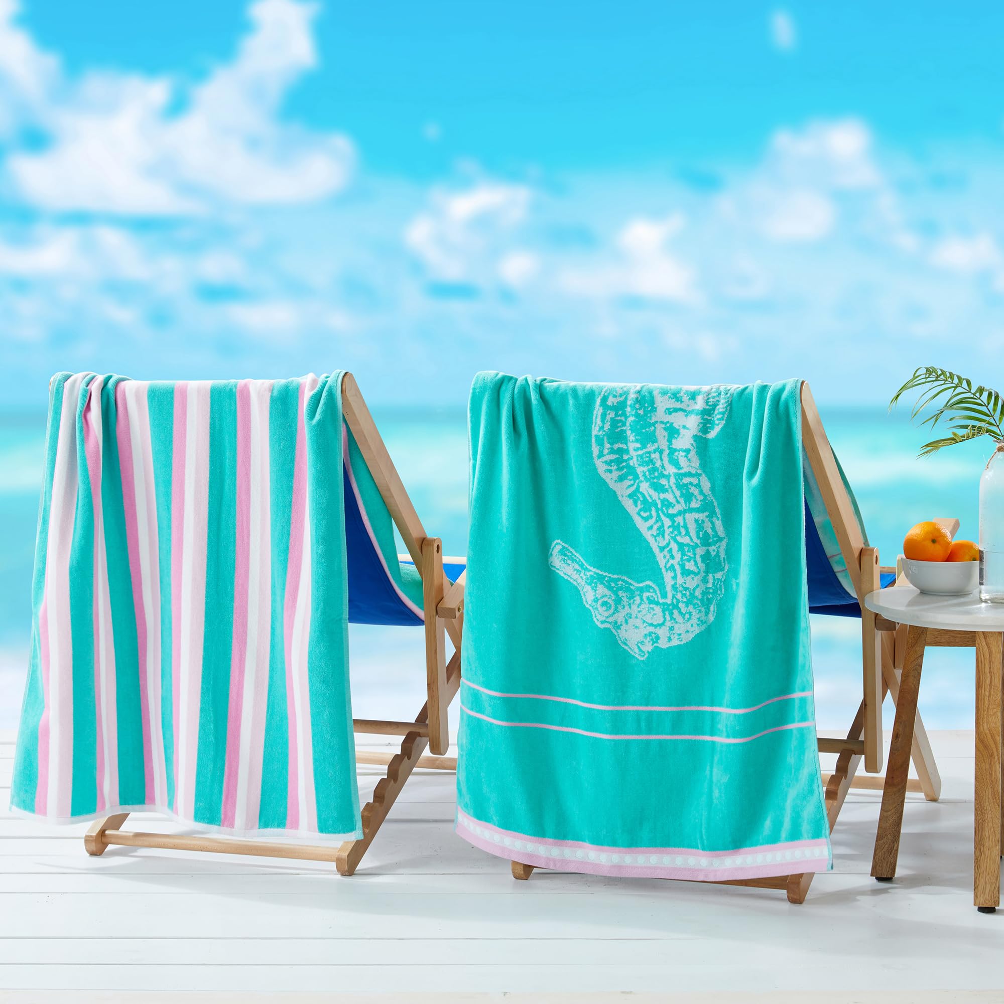 Great Bay Home 100% Cotton Beach Towels - 2 Pack 30x60 Inches, Super Absorbent & Quick Dry, Soft Pool Towels for Adults & Kids (Seahorse Green/Pink) - Perfect for Beach, Pool, Gym & Travel