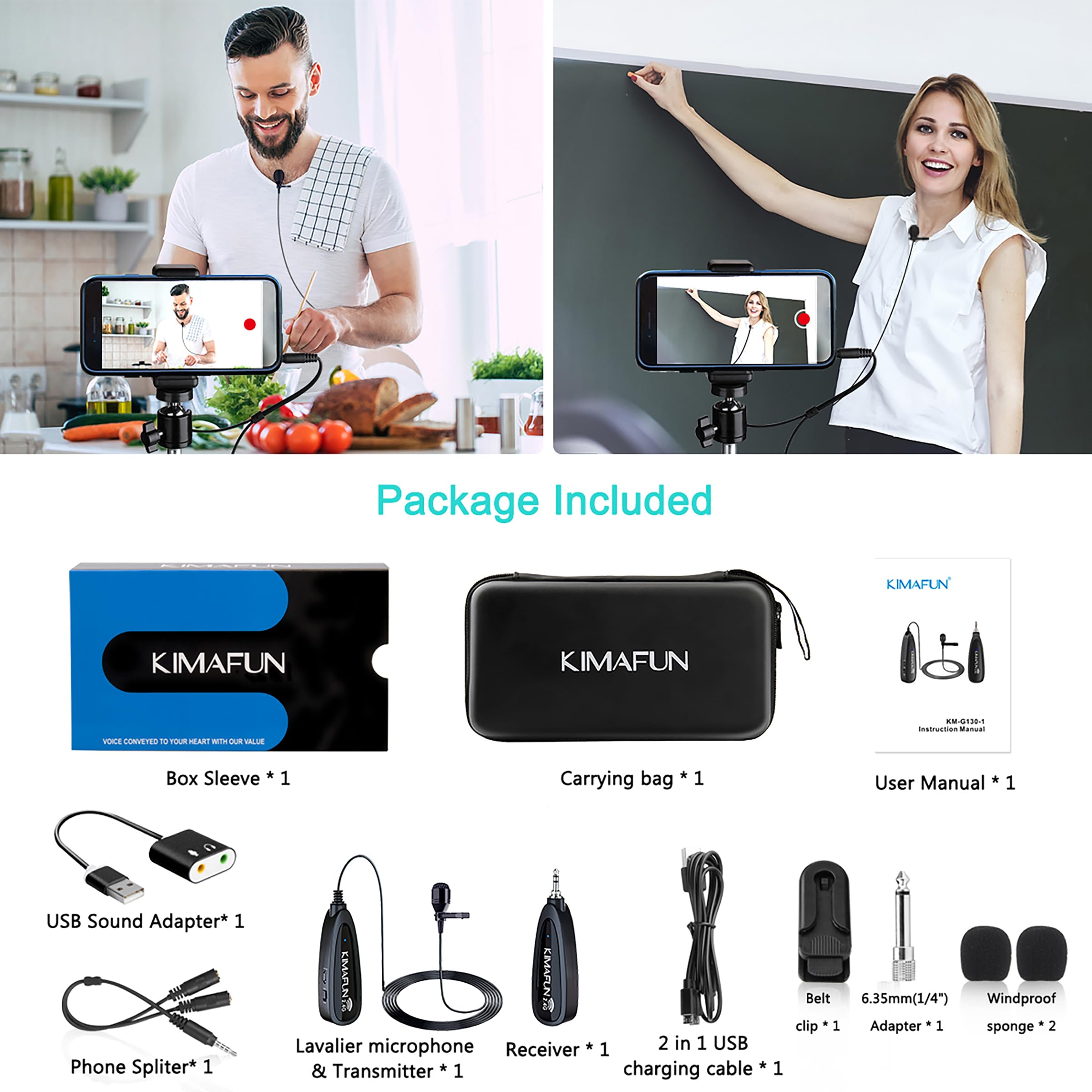 KIMAFUN 2.4G Wireless Lavalier Microphone System with 3.5mm Receiver - Compatible with PC, Laptop, iPhone, DSLR Camera & PA Speaker - Ideal for YouTube Videos, Podcasting, Vlogging, Interviews & Professional Recording - Perfect for Content Creators, Streamers & Public Speakers
