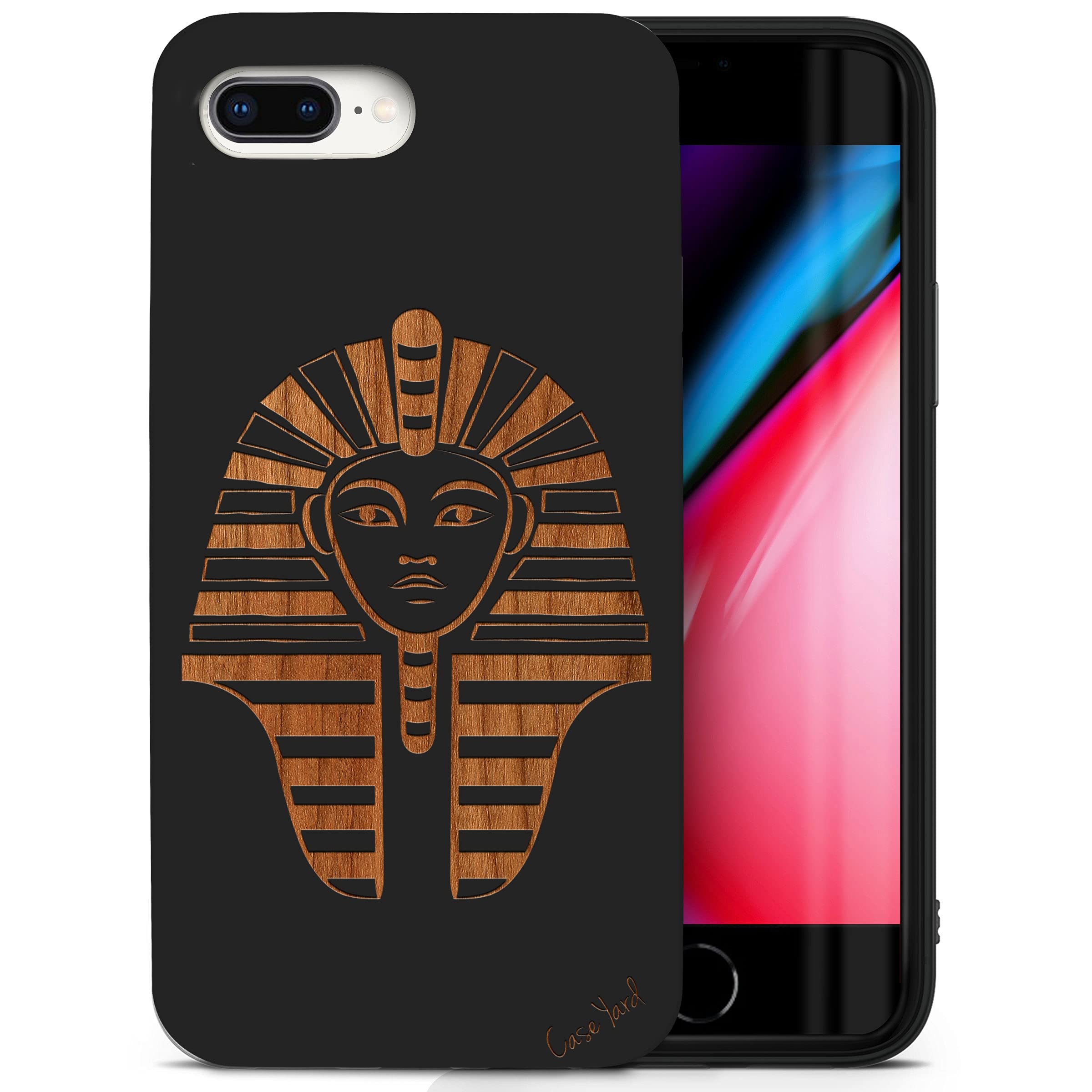 Wooden iPhone 8 Plus Case - Laser Engraved Pharaoh Head Design - Shockproof Slim Fit Protective Cover for Men & Women - Perfect for Travel, Work & Everyday Use