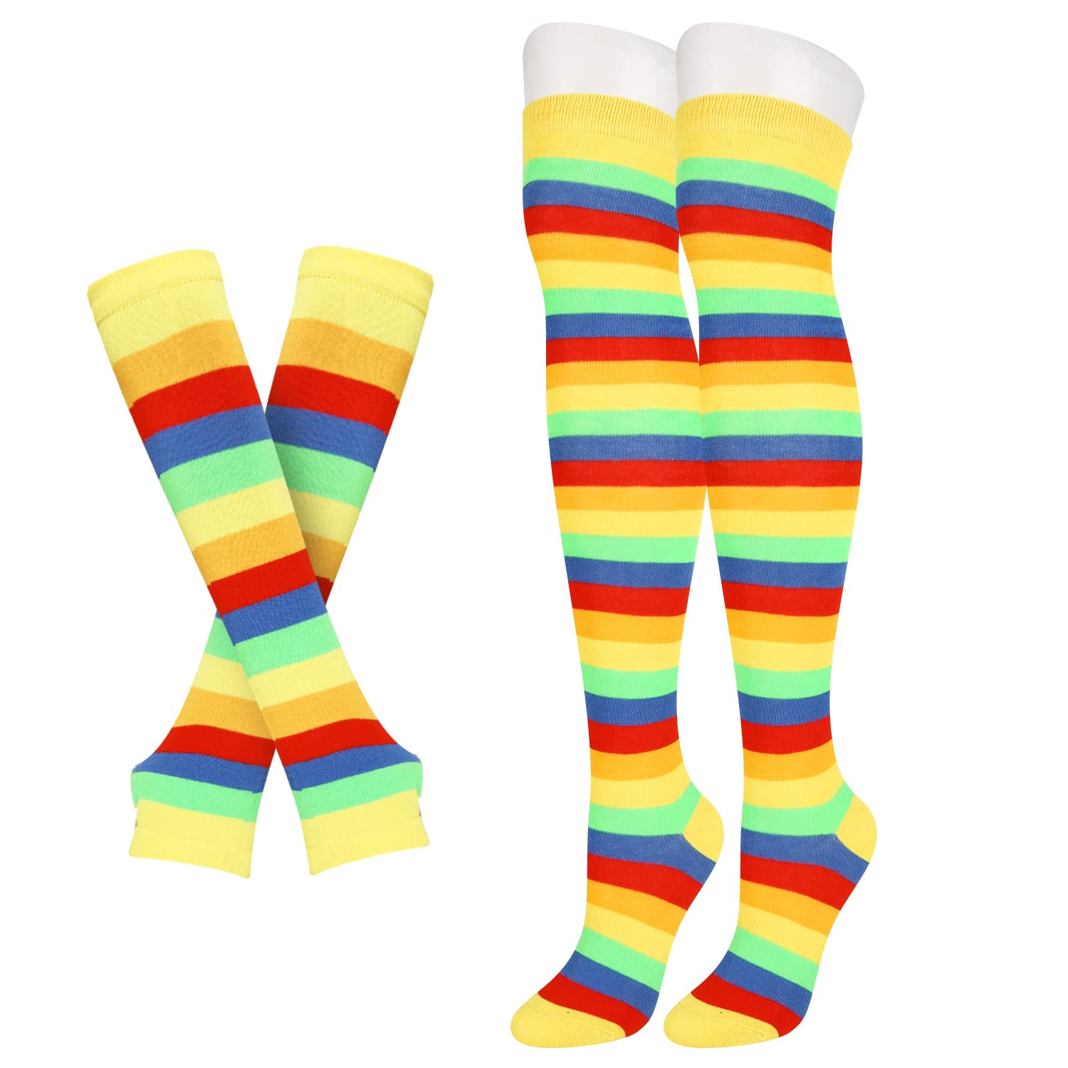 Benefeet Women's Striped Thigh High Socks & Arm Warmers Set with Fingerless Gloves - Over Knee High Stockings for Halloween Costumes, Cosplay, and Winter Fashion