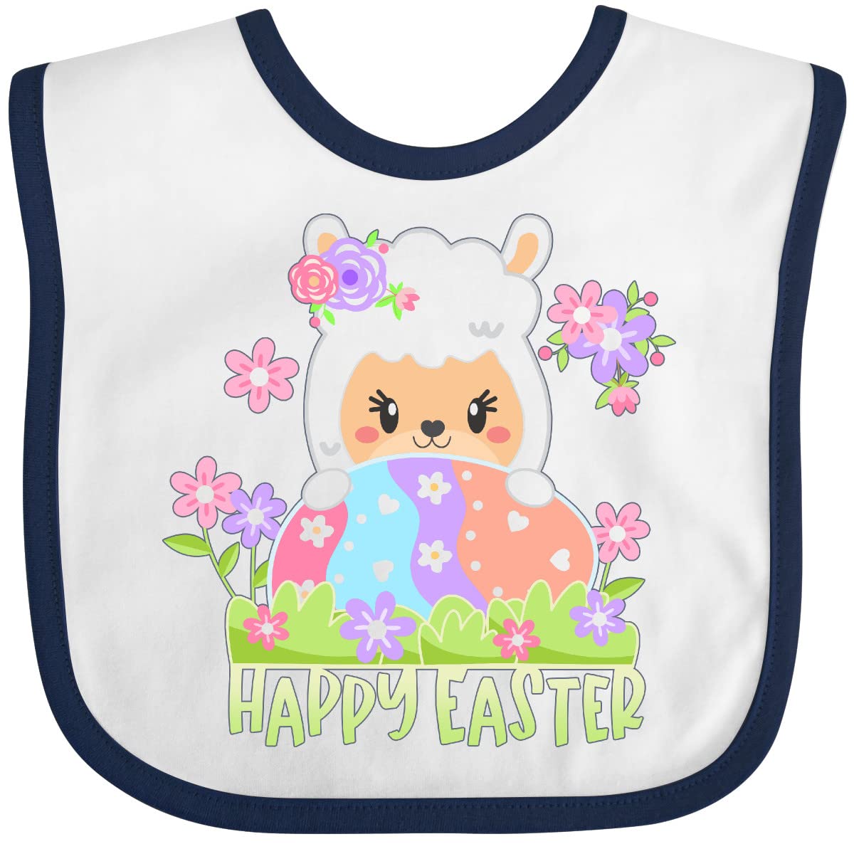 Inktastic Happy Easter Llama with Spring Flowers and Egg Baby Bib - Cute Easter Gift for Babies, Soft Cotton Bib for Feeding & Drool Protection - Perfect for Easter Celebrations, Baby Showers & Photo Props