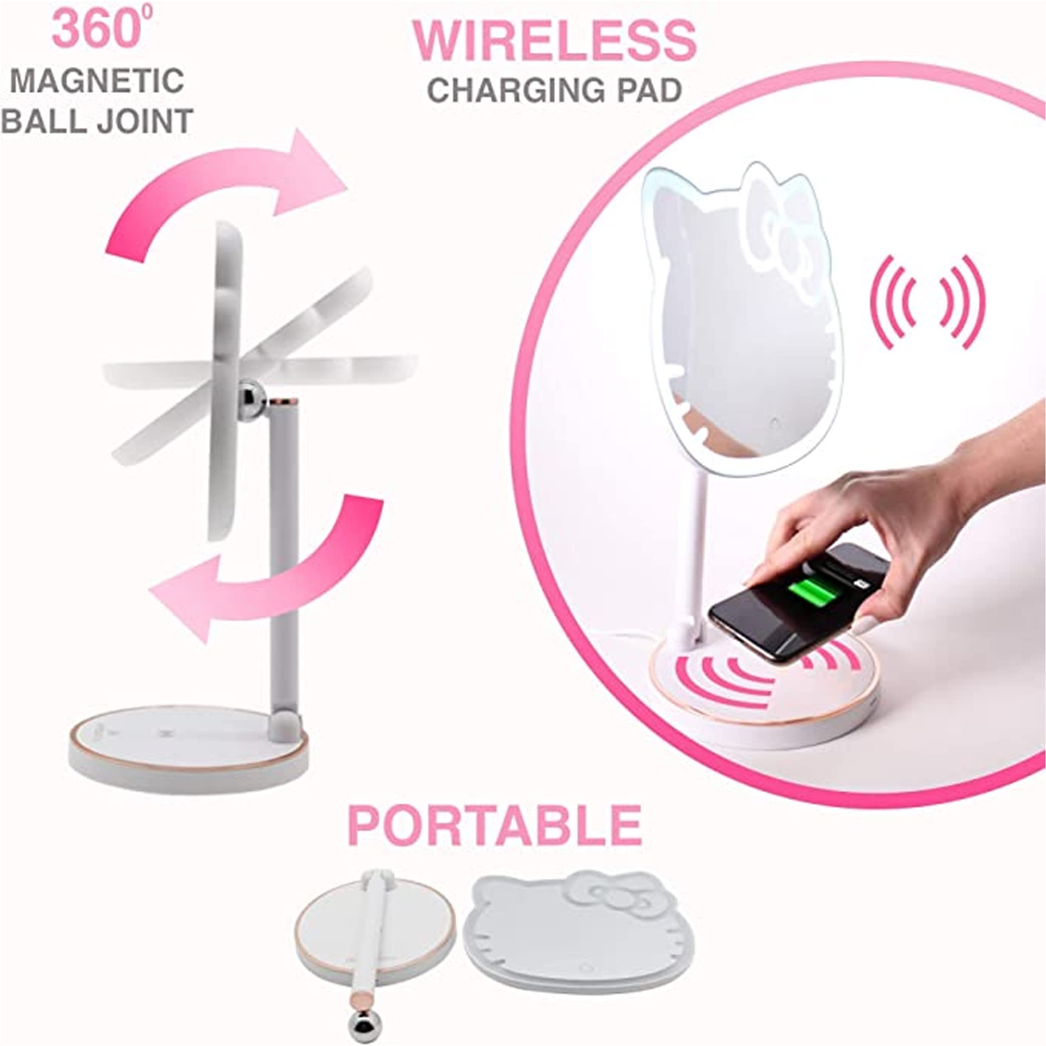Hello Kitty LED Makeup Mirror with 360° Rotation & Touch Sensor - Rechargeable Vanity Mirror with Adjustable Brightness & Light Strip for Home, Bedroom, and Travel Beauty Routine