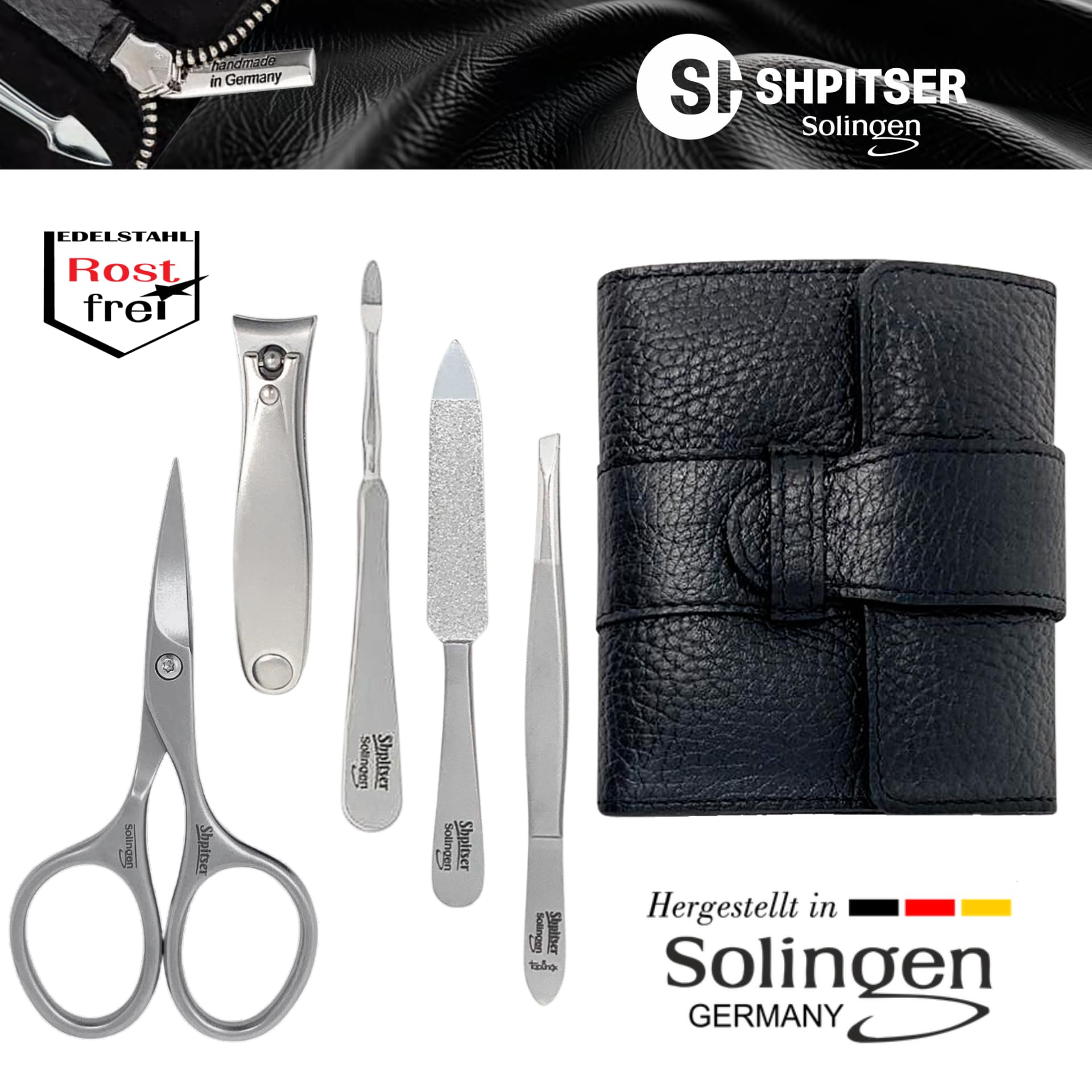 Premium Shpitser Nail Kit - Professional 5-Piece Manicure & Pedicure Set with Stainless Steel Scissors, Clippers, Tweezers, Nail Cleaner & File | German Crafted Solingen Steel | Luxury Black Italian Leather Case | Perfect for Home Spa, Travel & Gift Giving