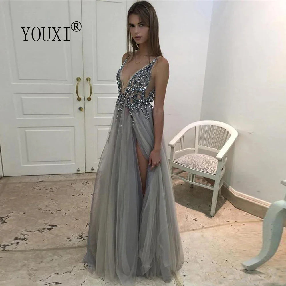 Elegant Light Gray Beaded Prom Dress with V-Neck, High Slit & Sweep Train - Sleeveless Backless A-Line Evening Gown for Homecoming, Formal Dances & Special Occasions