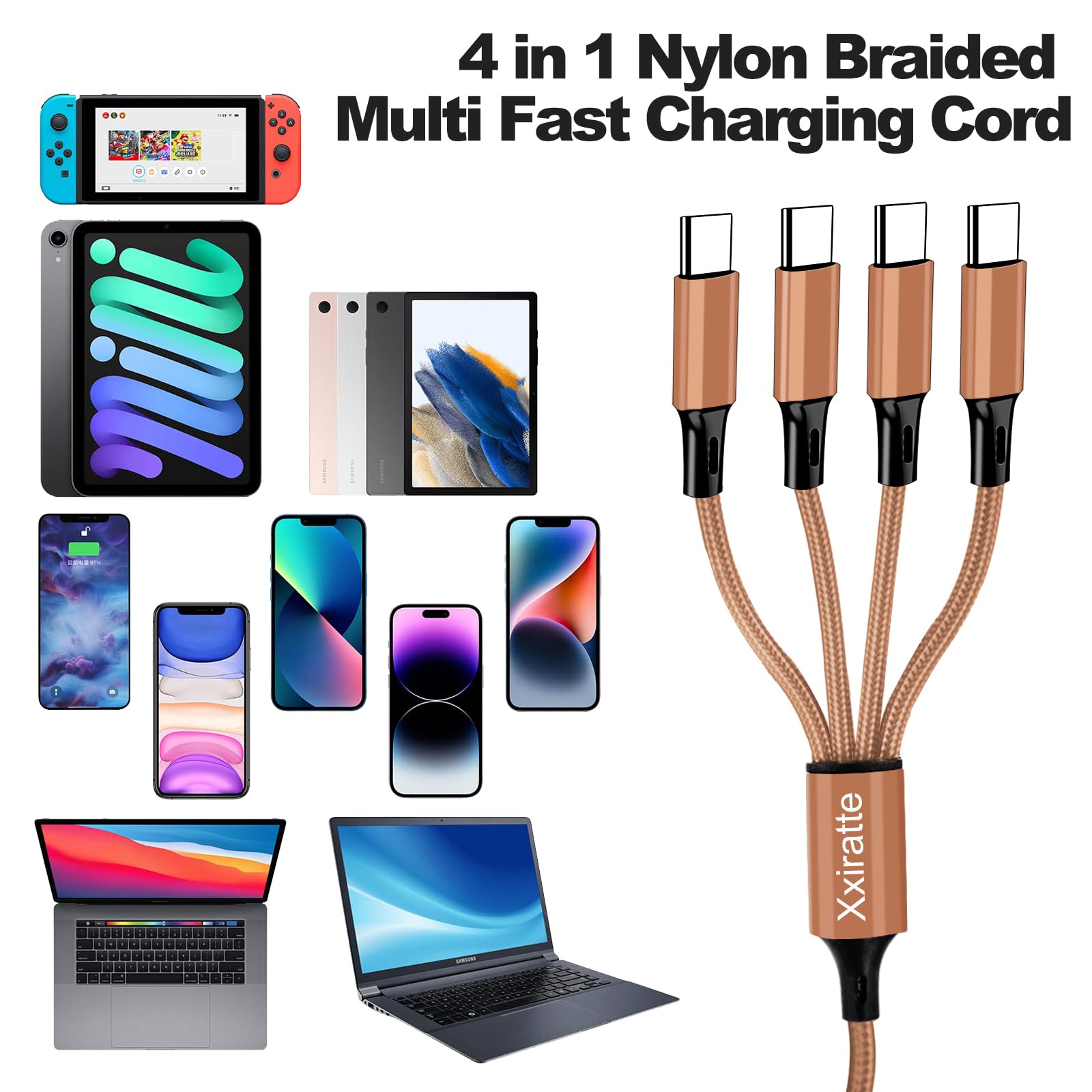 **USB C to USB A Fast Charging Cable 4-Port Multi Charger Cord [2-Pack 4FT] - Nylon Braided Universal Charger for iPhone 16 Pro Max, Android, Tablets - Perfect for Home, Car, Travel & Office Use**