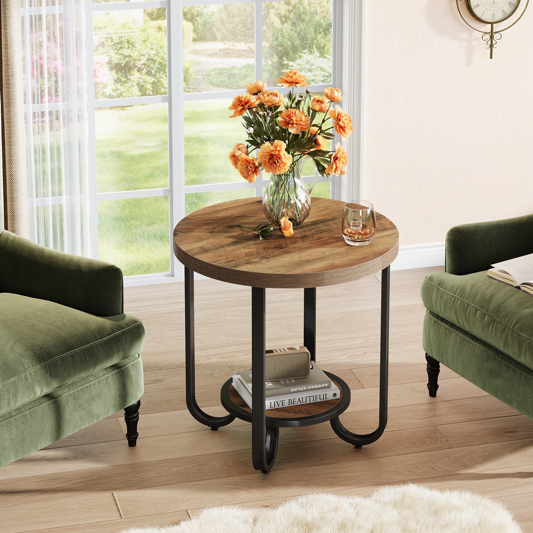 2-Tier Round End Table with Curved Metal Legs - Modern Side Table & Bedroom Nightstand for Living Room, Bedroom, or Office Decor