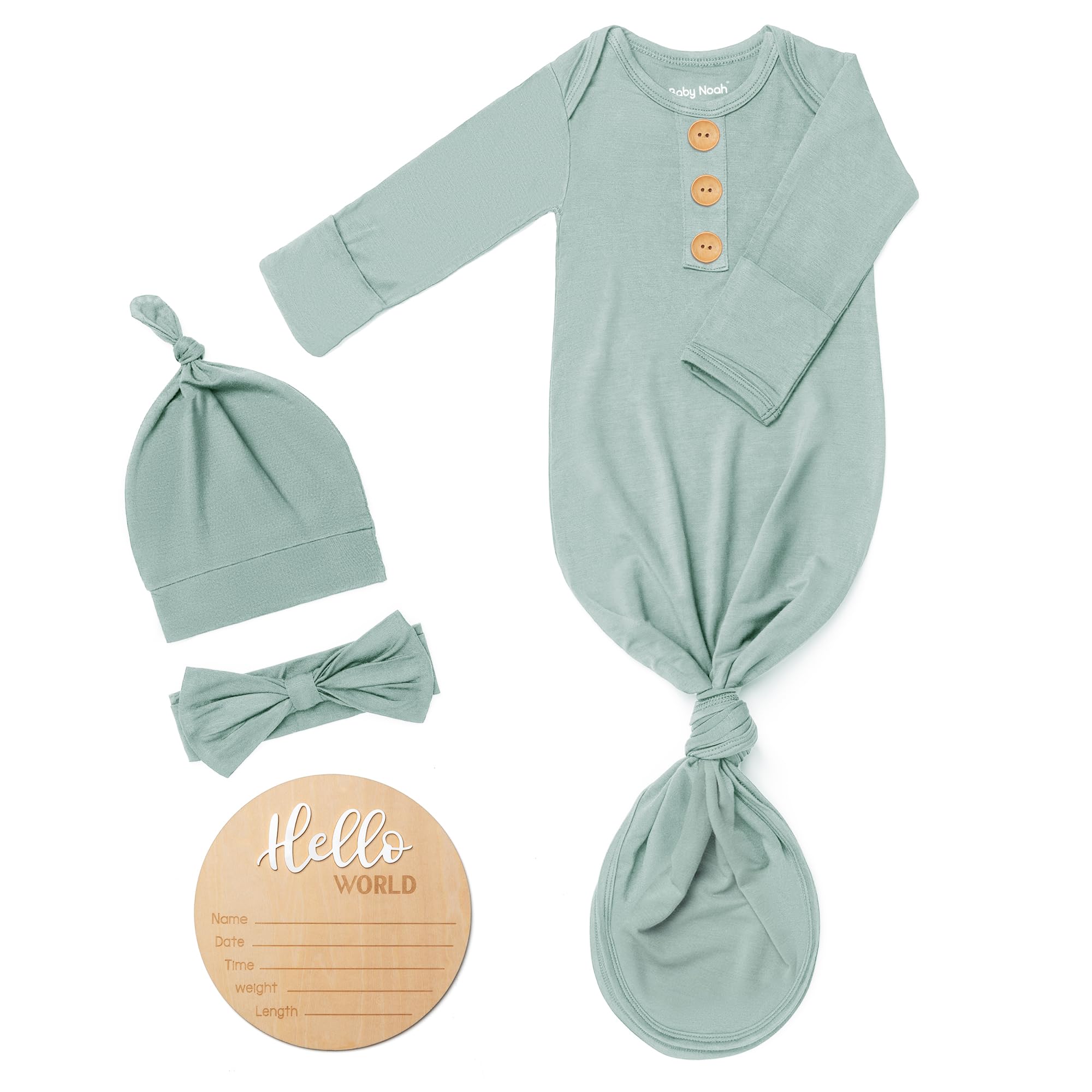 Soft Baby Knot Gown 0-3M - Newborn Sleepers with Mittens & Wooden Name Tag for Announcements & Gifts