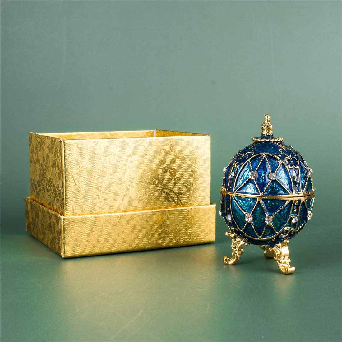Exquisite Blue Faberge Egg Trinket Box - Hand-Painted Collectible Jewelry Box with Crystal Accents & Hinged Lid - Perfect for Easter Gifts, Jewelry Storage & Home Decor
