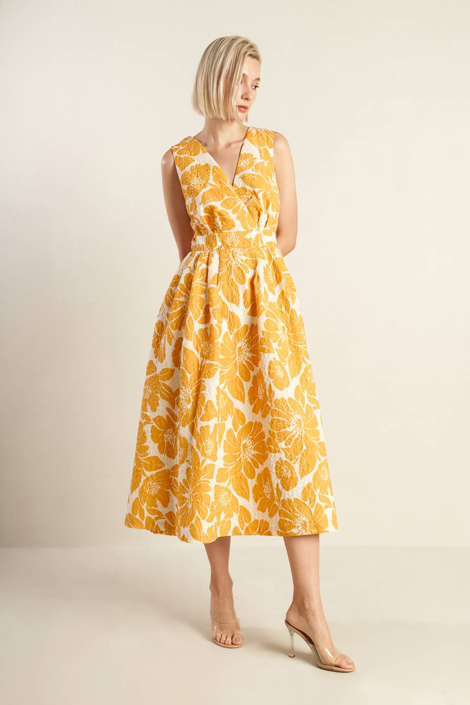 Bold Blooms Mustard Midi Dress - Floral Print Women's Dress for Casual Outings & Summer Parties