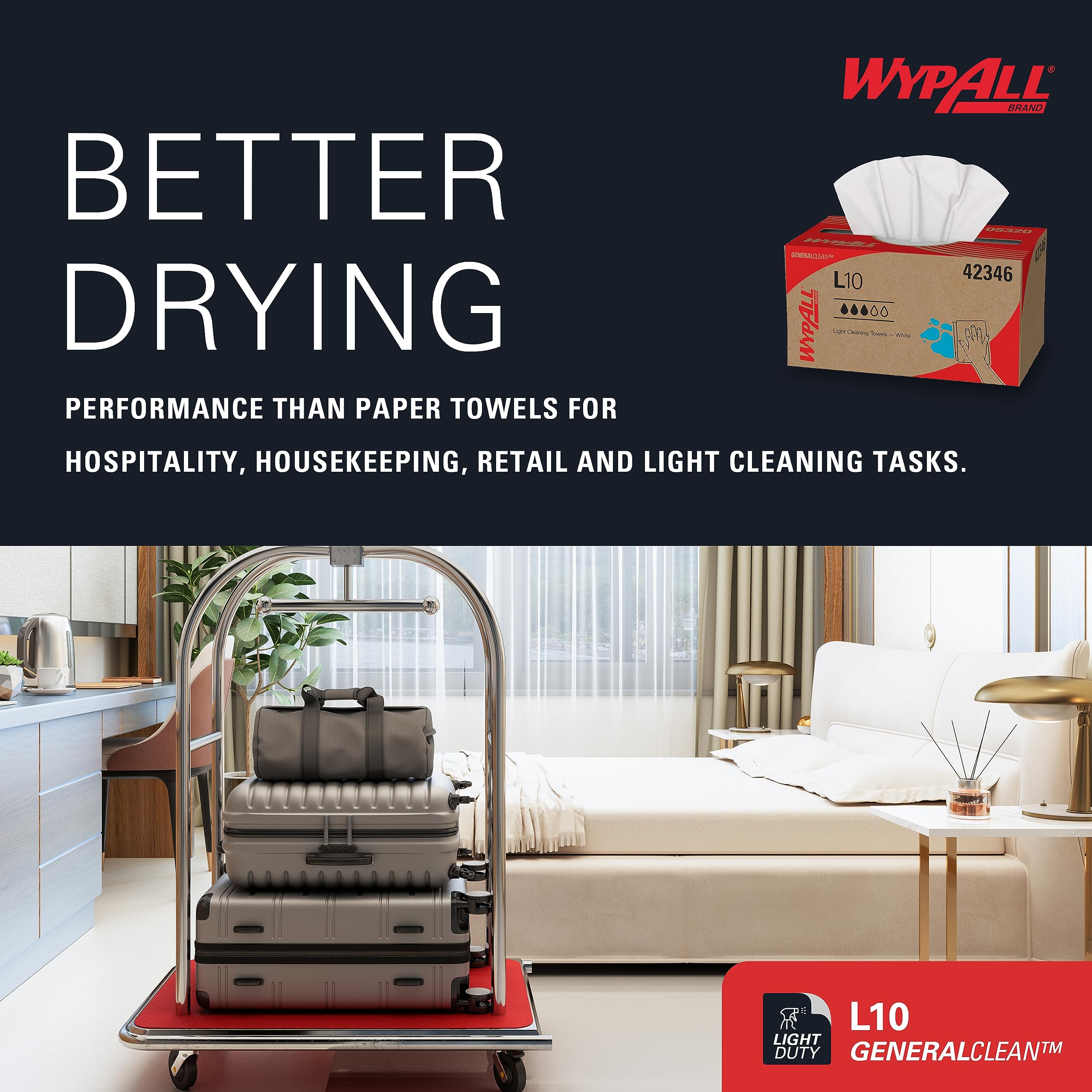 WypAll GeneralClean L10 Light Duty Cleaning Wipes - 24 Packs (250 Sheets Each, 6000 Total) | Pop-Up Dispenser Box | White Industrial Wipes for Workshop, Garage & Office Cleaning | Multi-Surface Disposable Cloths