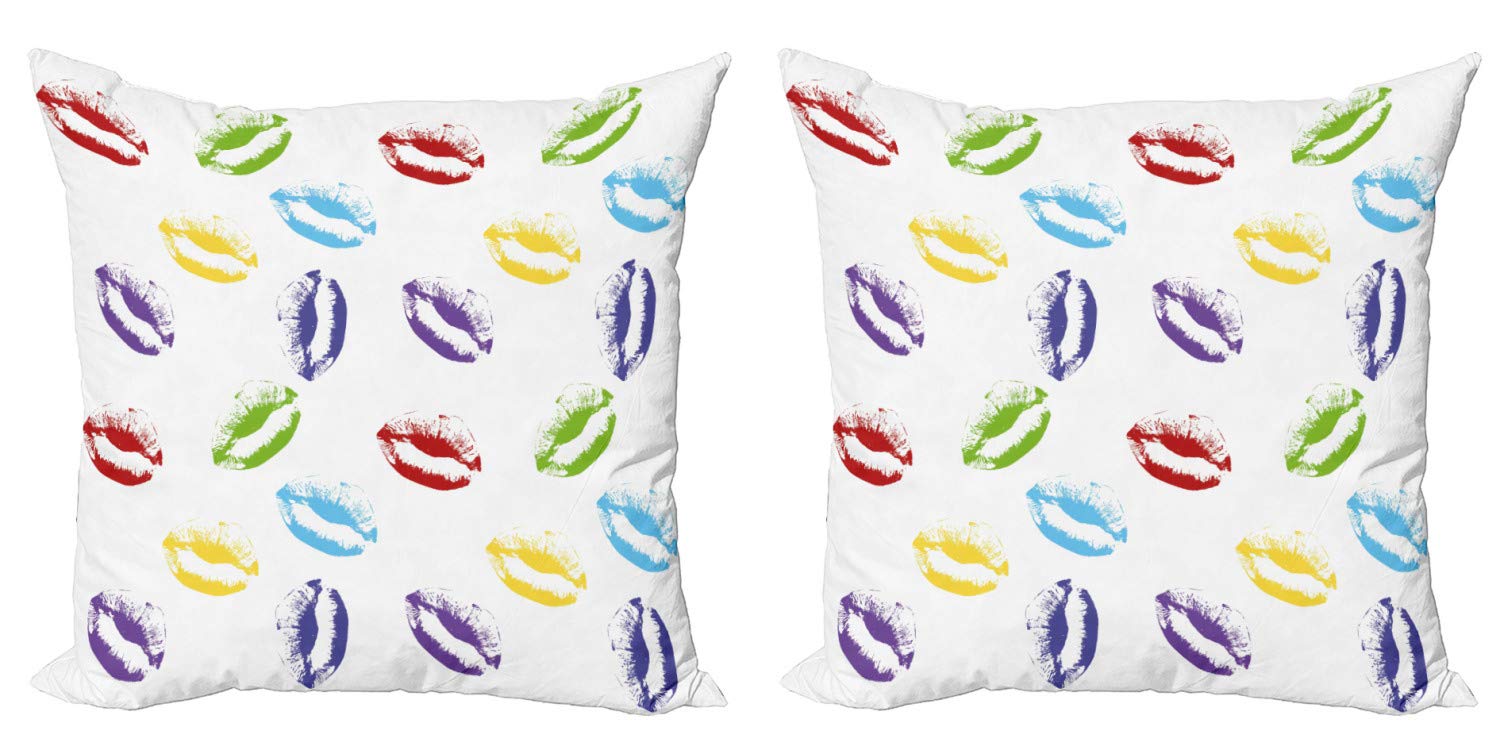 Ambesonne 2-Pack Decorative Throw Pillow Covers - Vibrant Lipstick & Kisses Cosmetic Art Design, 20