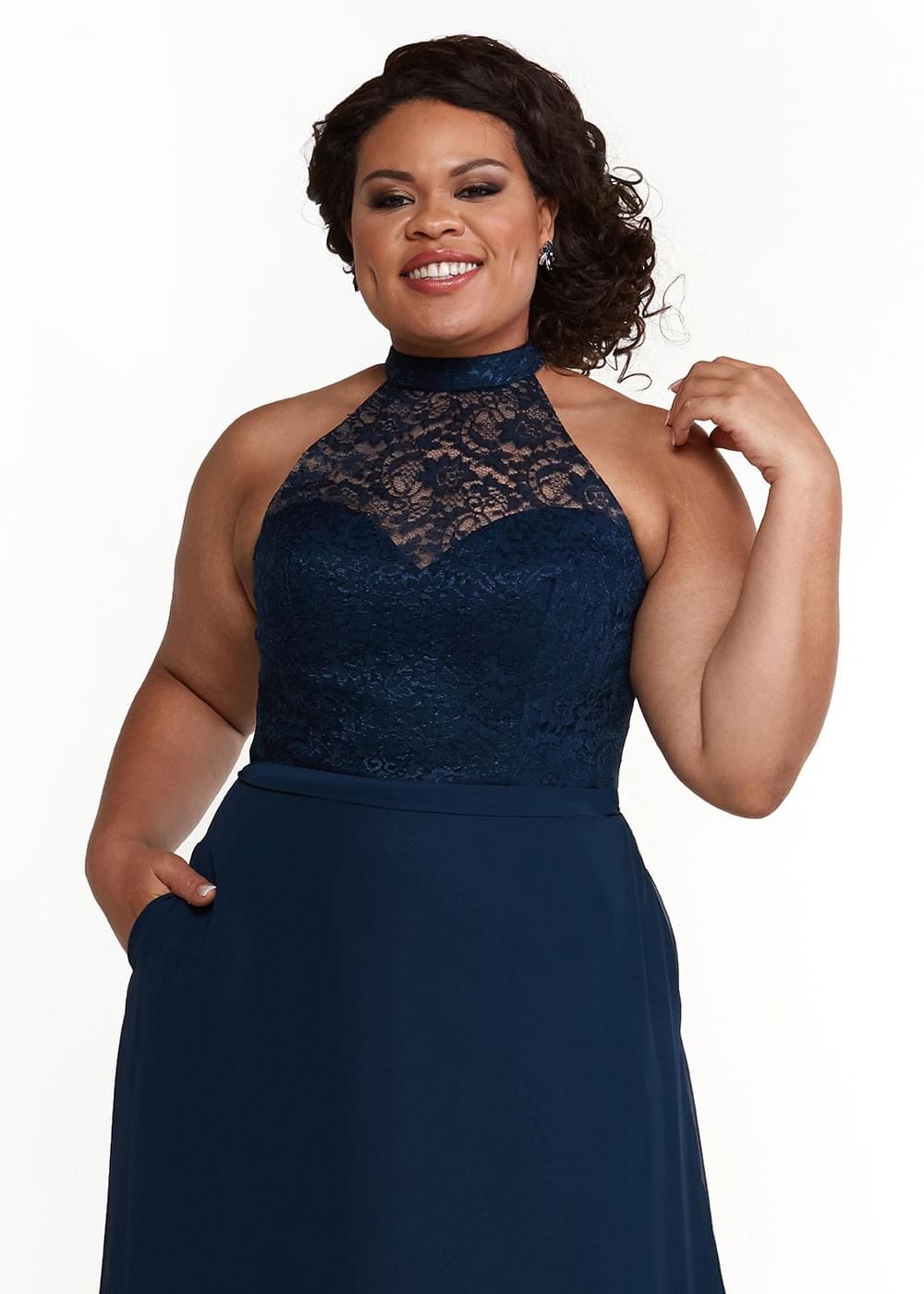 Elegant 80165 Chiffon A-Line Bridesmaid Dress with Lace Halter Neckline - Perfect for Weddings, Formal Events & Special Occasions