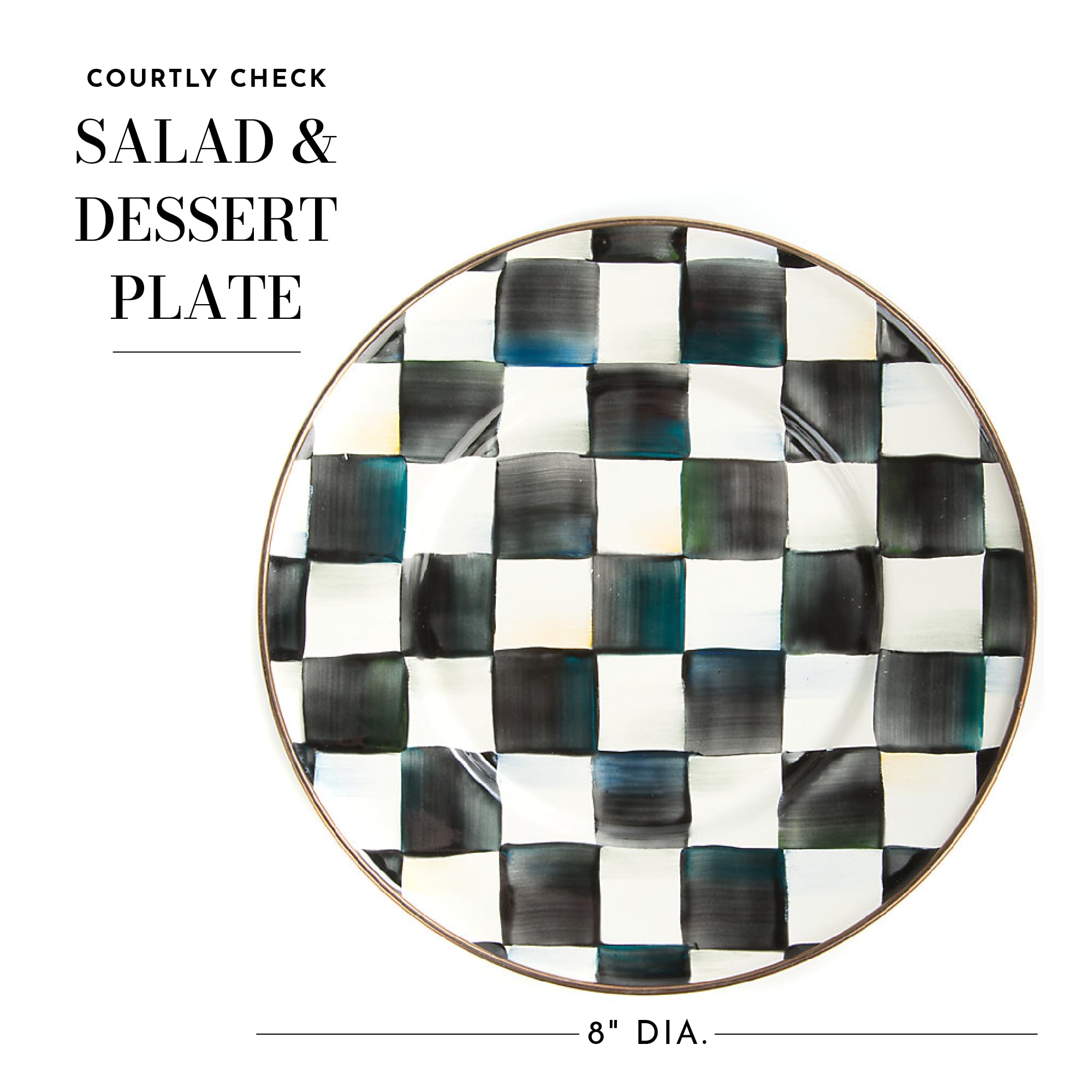 MACKENZIE-CHILDS 8-Inch Enamel Salad Plate & Dessert Plate - Elegant Black and White Courtly Check Design - Perfect for Appetizers, Cakes, or Party Serving - Durable & Stylish Tableware for Home Dining & Entertaining