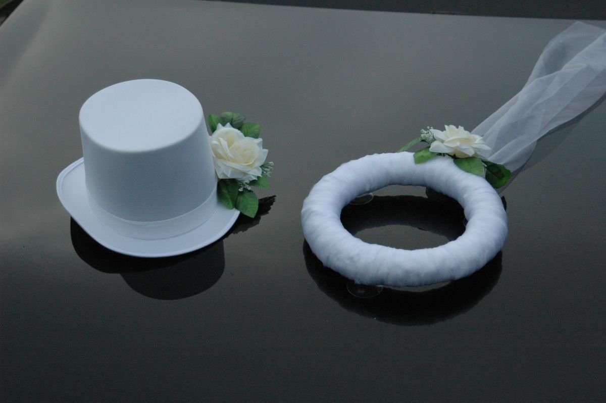 Elegant Bridal Car Veil & Hat Decor - Rose Wedding Car Jewelry for Couples - Perfect for Wedding Day & Anniversary Celebrations (Ecru/White)
