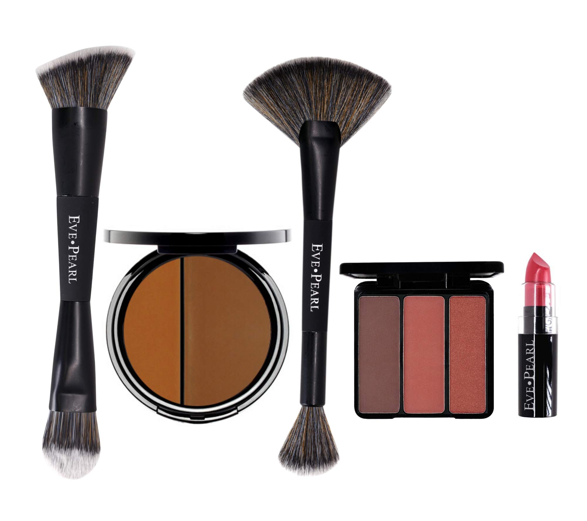 EVE PEARL 5-Piece Full Coverage Face, Cheek & Lip Makeup Set - Foundation, Blush, Lipstick with Professional Brushes (Deep) - Perfect for Daily Makeup, Professional Looks & Special Occasions