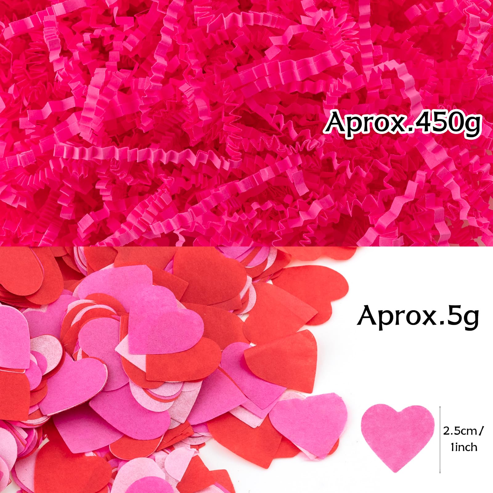 1LB Pink Crinkle Cut Paper Shred with Heart Confetti - Valentine's Day Gift Wrapping Filler, DIY Craft Packaging, Party Decoration Supplies for Gift Baskets, Wedding Favors & Scrapbooking