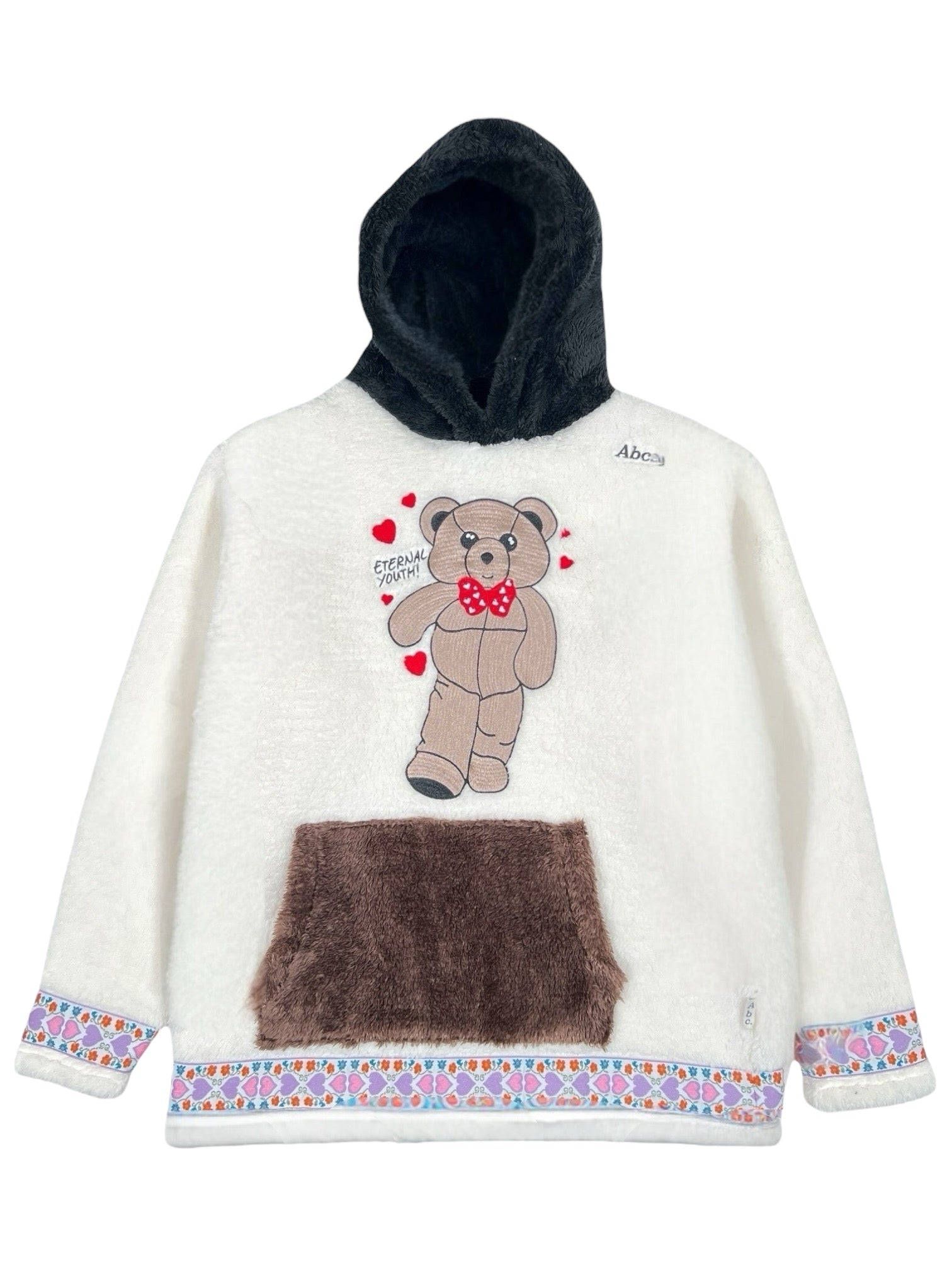 Advisory Board Crystals Bear Patch Boa Fleece Hoodie in Ecru - Cozy Winter Wear for Women, Perfect for Casual Outings & Cold Weather Fashion
