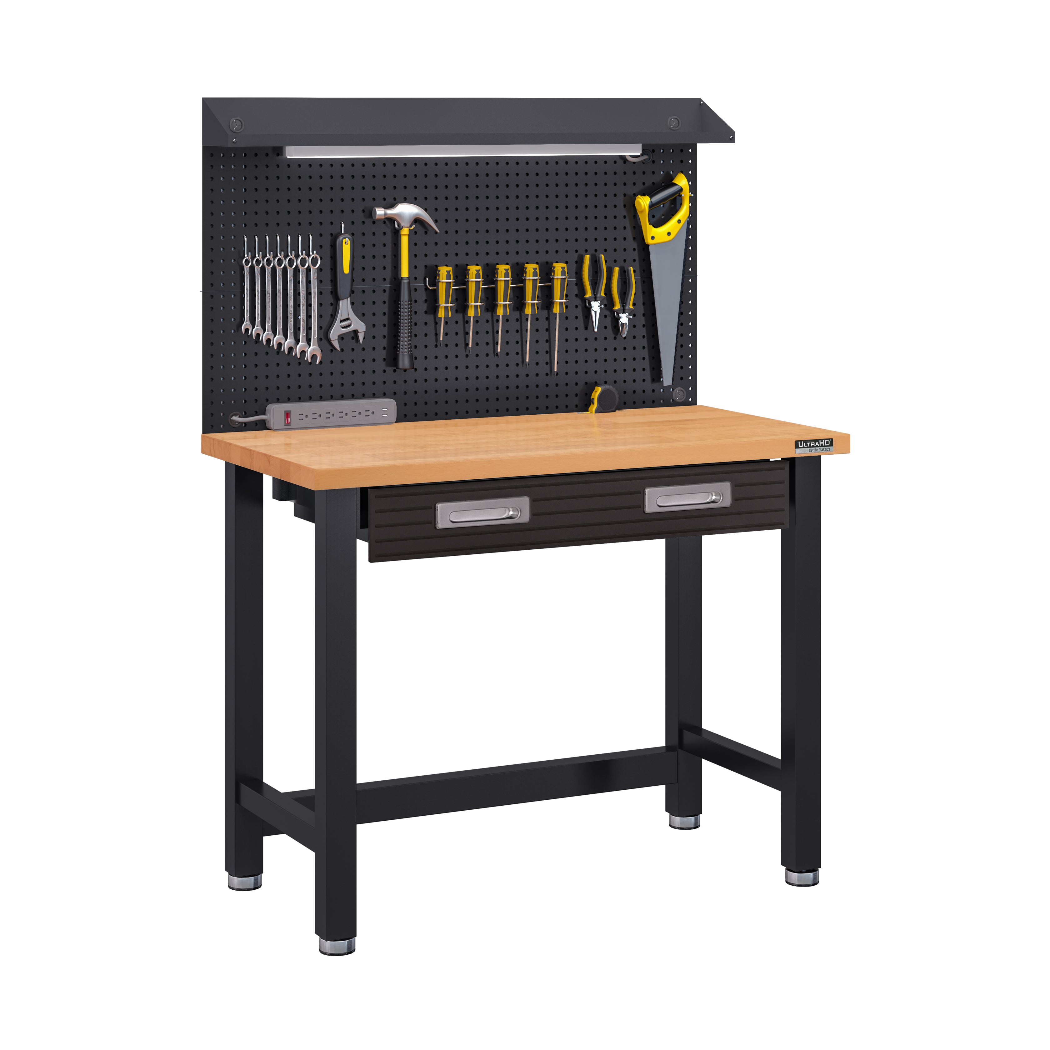 UltraHD® Lighted Workbench with Wooden Top & Pegboard in Graphite - Perfect for Garage, Workshop, and DIY Projects