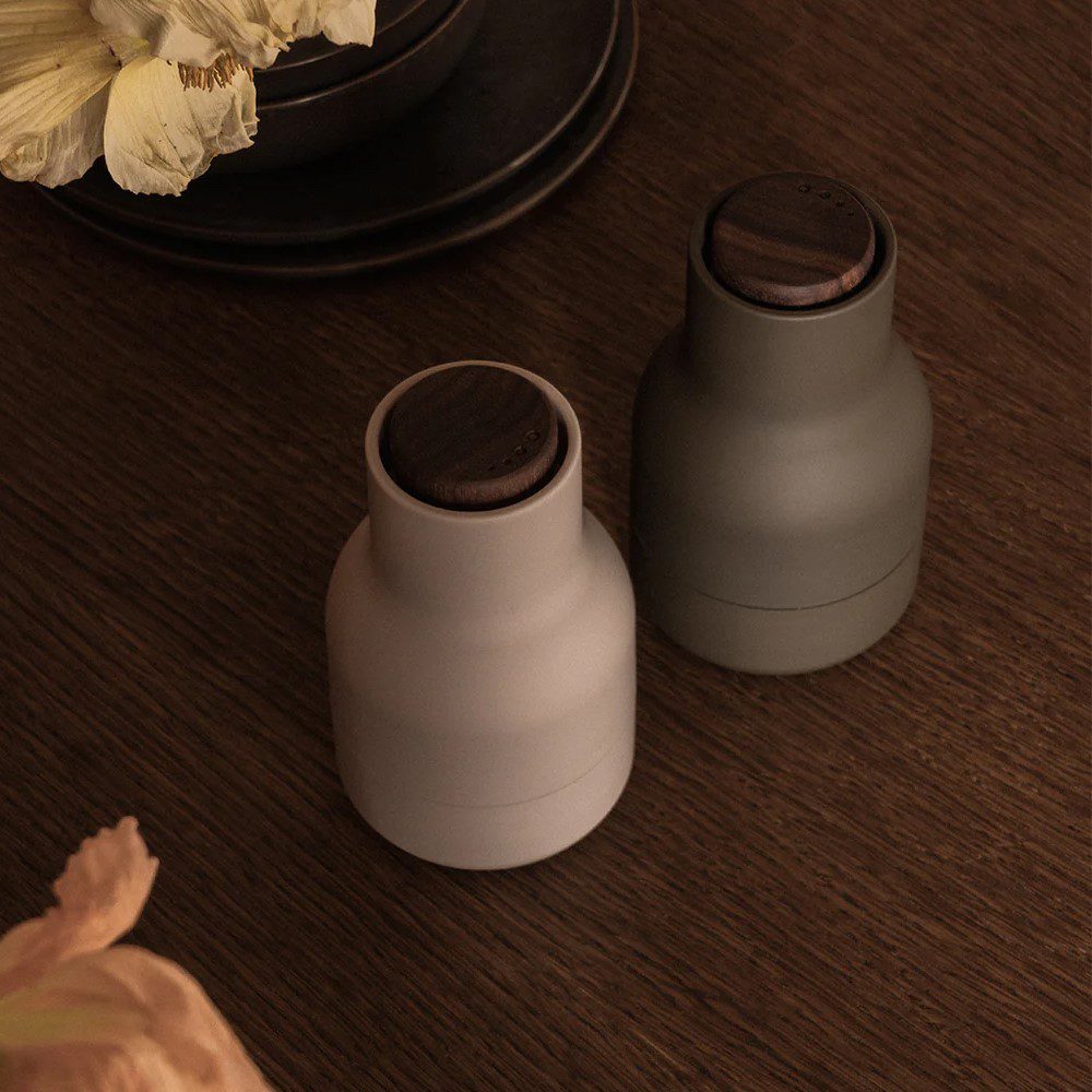 Premium AUDO CPH Salt and Pepper Grinder Set - Small Hunting Green/Beige with Walnut Wood Lid - Adjustable Ceramic Spice Mill for Kitchen, Camping & Outdoor Cooking