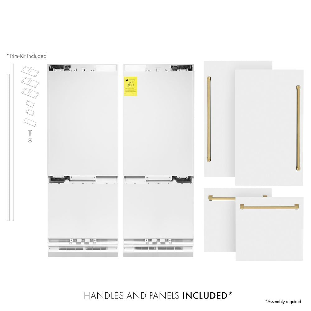 ZLINE Autograph Edition 60-Inch French Door Refrigerator with Bottom Freezer - 32.2 cu.ft Capacity, Built-In Water Dispenser & Ice Maker - White Matte Finish with Polished Gold Accents (RBIVZ WM 60 G) - Perfect for Modern Kitchens & Luxury Homes