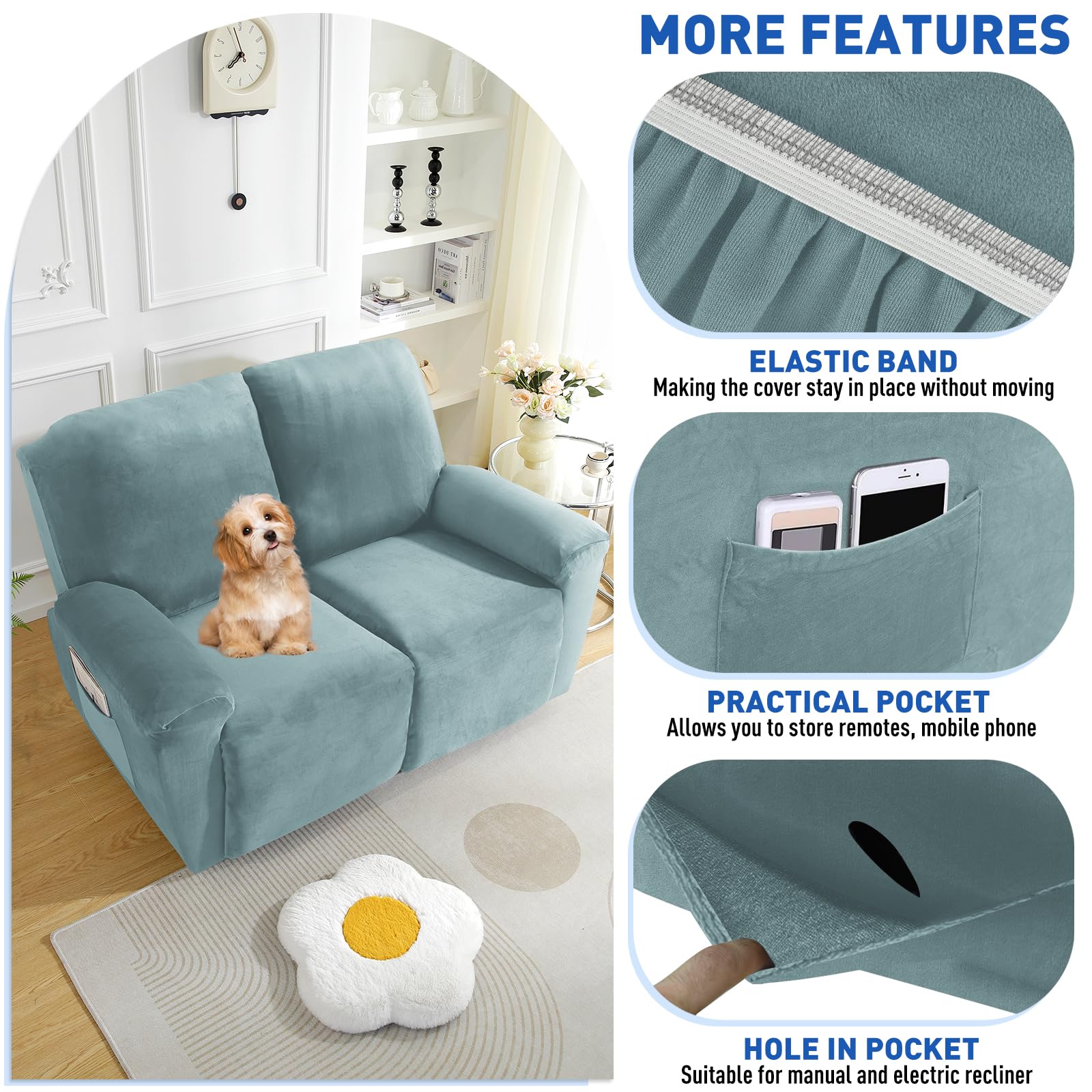 MAXIJIN 6-Piece Stretch Velvet Recliner Loveseat Slipcover - Soft Washable Furniture Cover for 2-Seater Reclining Sofa, Thick & Durable (Dusty Blue) - Perfect for Living Room, Home Theater & Family Room Protection