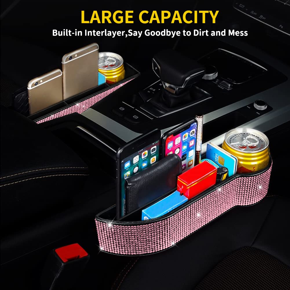 Bling Car Seat Side Drop Filler Organizer - 2-Pack Car Seat Console Storage with Cup Holders & 4-Pack Back Seat Headrest Hooks - Pink Car Accessories for Handbags, Clothes, Coats & Grocery Bags | Perfect for Road Trips, Family Travel & Daily Commutes