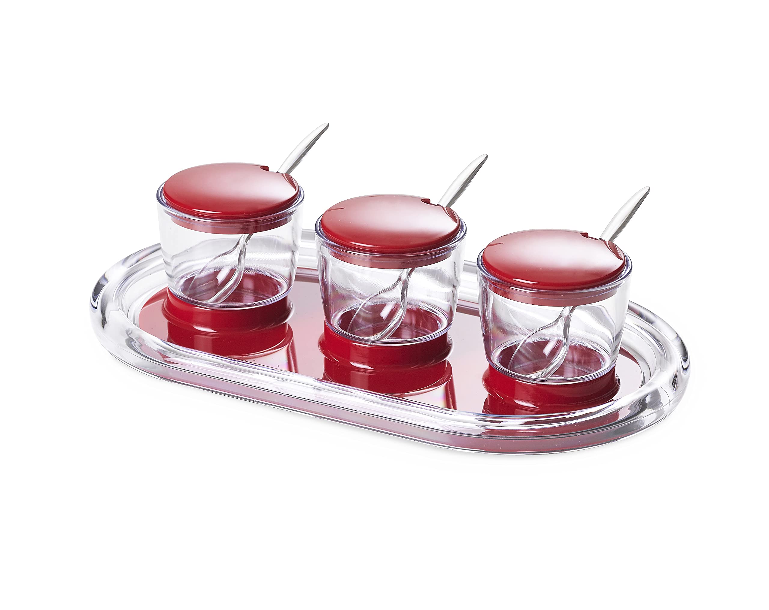 Omada Kitchen Condiment Tray Set with Spoons & Lids - 6-Piece Small Containers for Coffee, Sugar, Salt, Spices - Red & Clear Glass Jars for Kitchen Countertop, Dining Table Décor & Party Serving