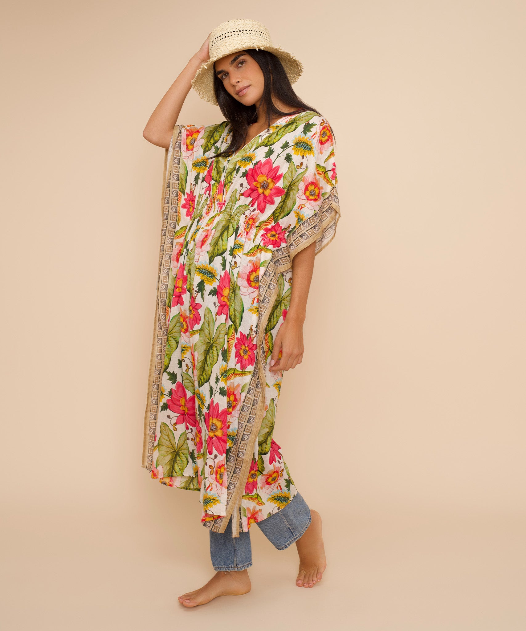 Elegant Floral Print Maxi Caftan Dress for Women - Summer Beach Cover Up, Boho Chic Loungewear, Poolside Party Outfit