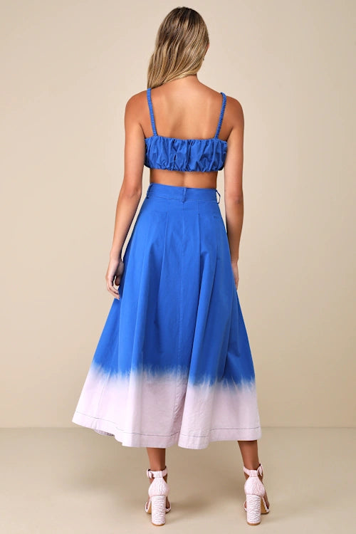 Elegant Blue Ombre Two-Piece Sleeveless Midi Dress for Women | Summer Beach Party & Vacation Outfit | Flowy Boho Chic Fashion