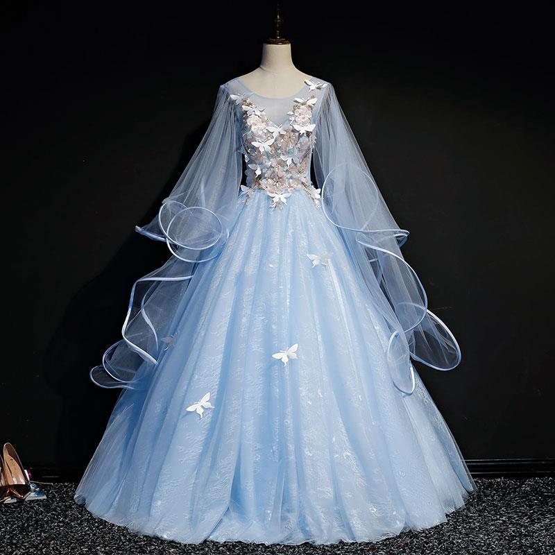 Elegant Blue Long Sleeve Ball Gown Dress for Sweet 16 Birthday Party | Butterfly Embroidery Formal Gown | Perfect for Quinceañera, Prom, Homecoming & Special Occasions