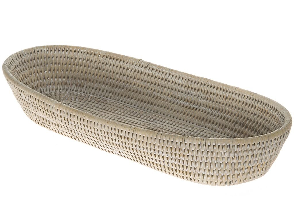 KOUBOO La Jolla Large White Washed Elongated Rattan Bread Basket - Perfect for Farmhouse Kitchen, Rustic Dining Table, and Bread Storage