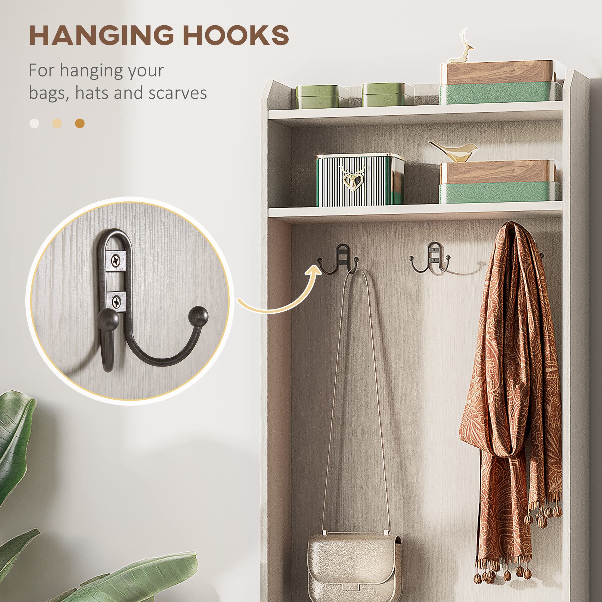HOMCOM Narrow Hall Tree with Shoe Storage Bench - Rustic Entryway Coat Rack with Shelves for Hallway, Mudroom & Foyer - White Wood Grain Finish for Home Organization & Space Saving