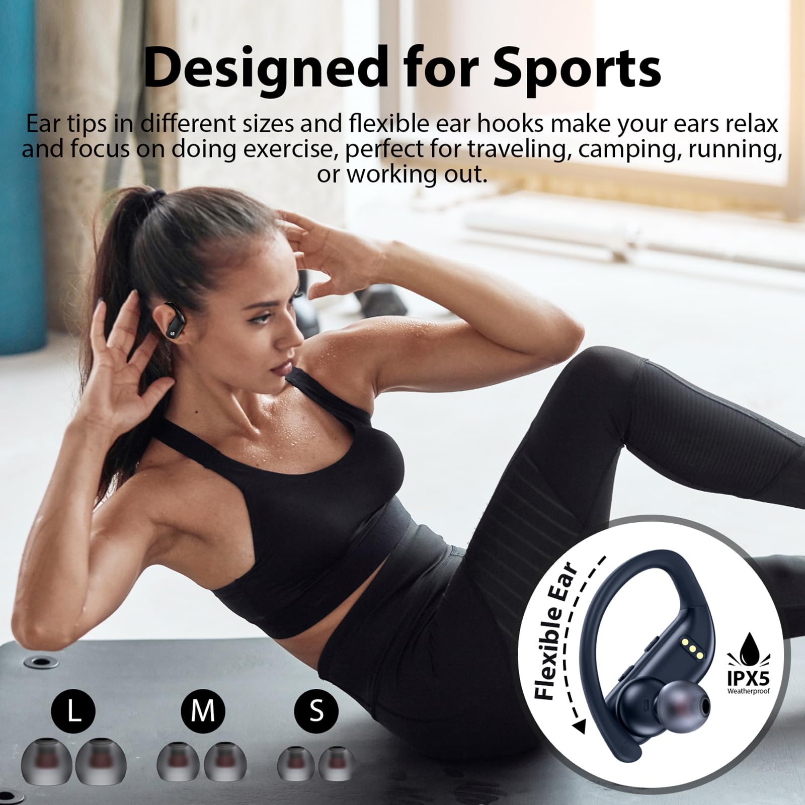 Bmanl Wireless Bluetooth Earbuds - 48H Playback Sport Headphones with LED Display, Over-Ear Design & Built-in Mic - Perfect for Workouts, Running & Gym - Black