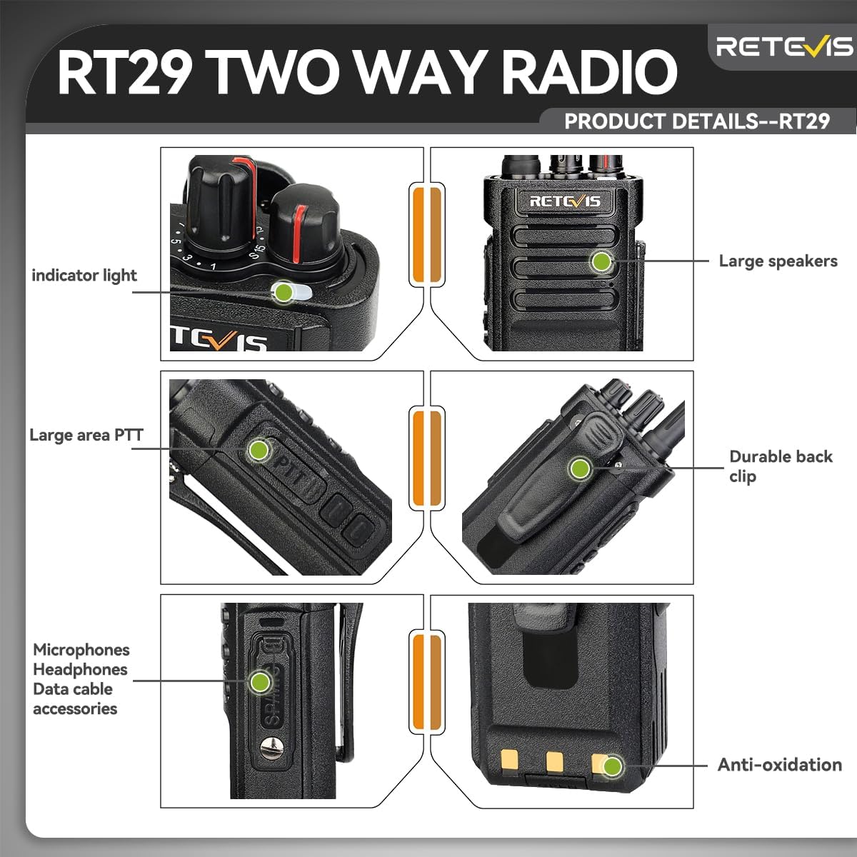 Retevis RT29 Long Range Walkie Talkies for Adults - 6 Pack High Power Two Way Radios with 3200mAh Battery & Charging Station - Heavy Duty Commercial Radios for Schools, Construction Sites & Outdoor Adventures