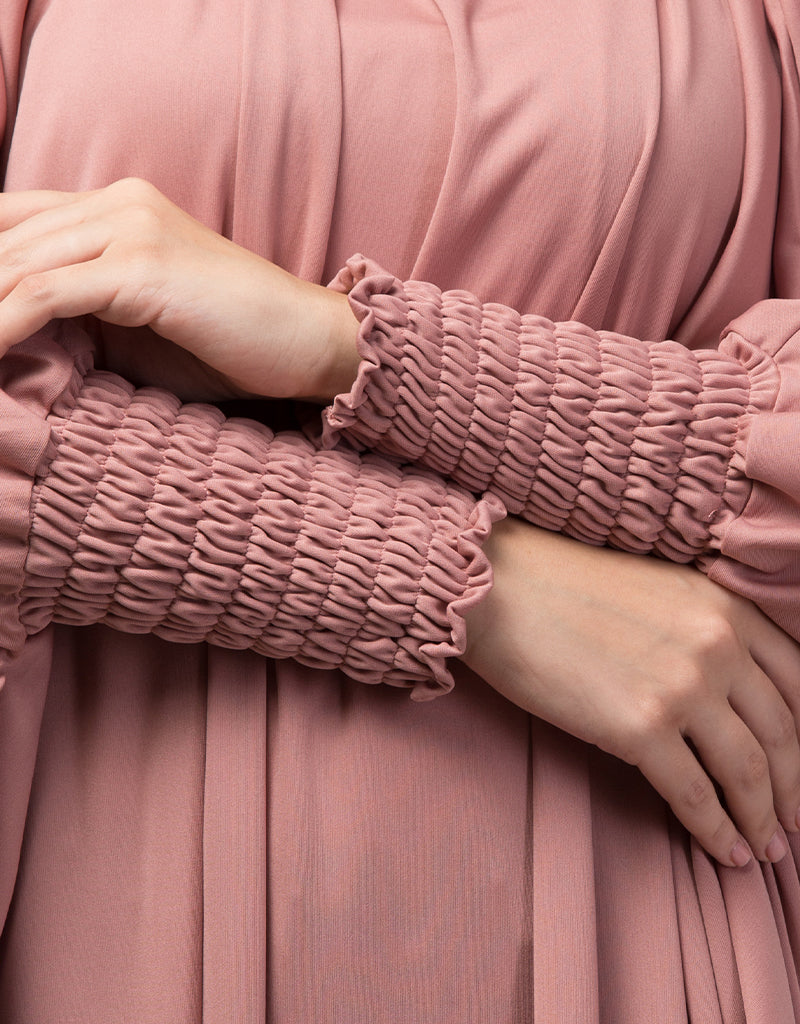 Elegant Arabic Smoking Sleeve Tie-Back Jilbab - Ready to Wear Full Size Knit Abaya in Mauve Pink | Perfect for Prayer, Modest Fashion & Special Occasions